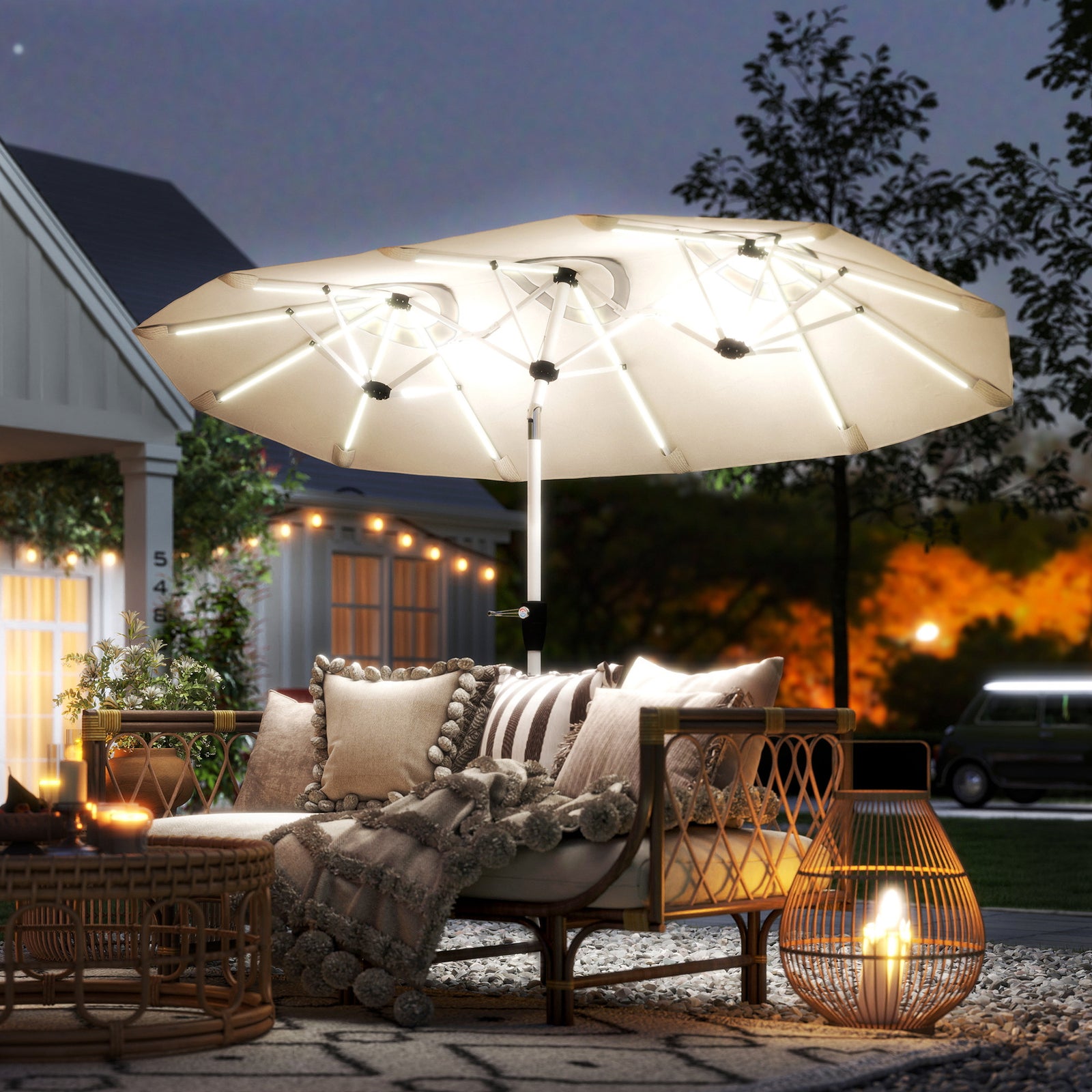 3 M Double-sided Garden Parasol With Solar Lights | Cream