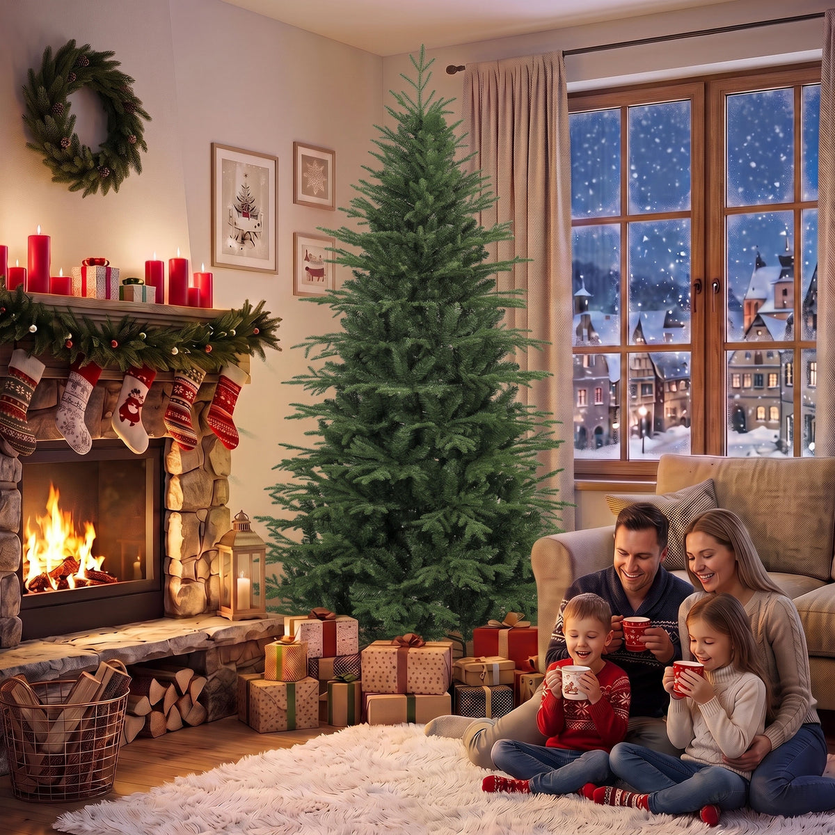 HOMCOM 7 Ft Artificial Christmas Tree With Metal Base, Hinged Branches