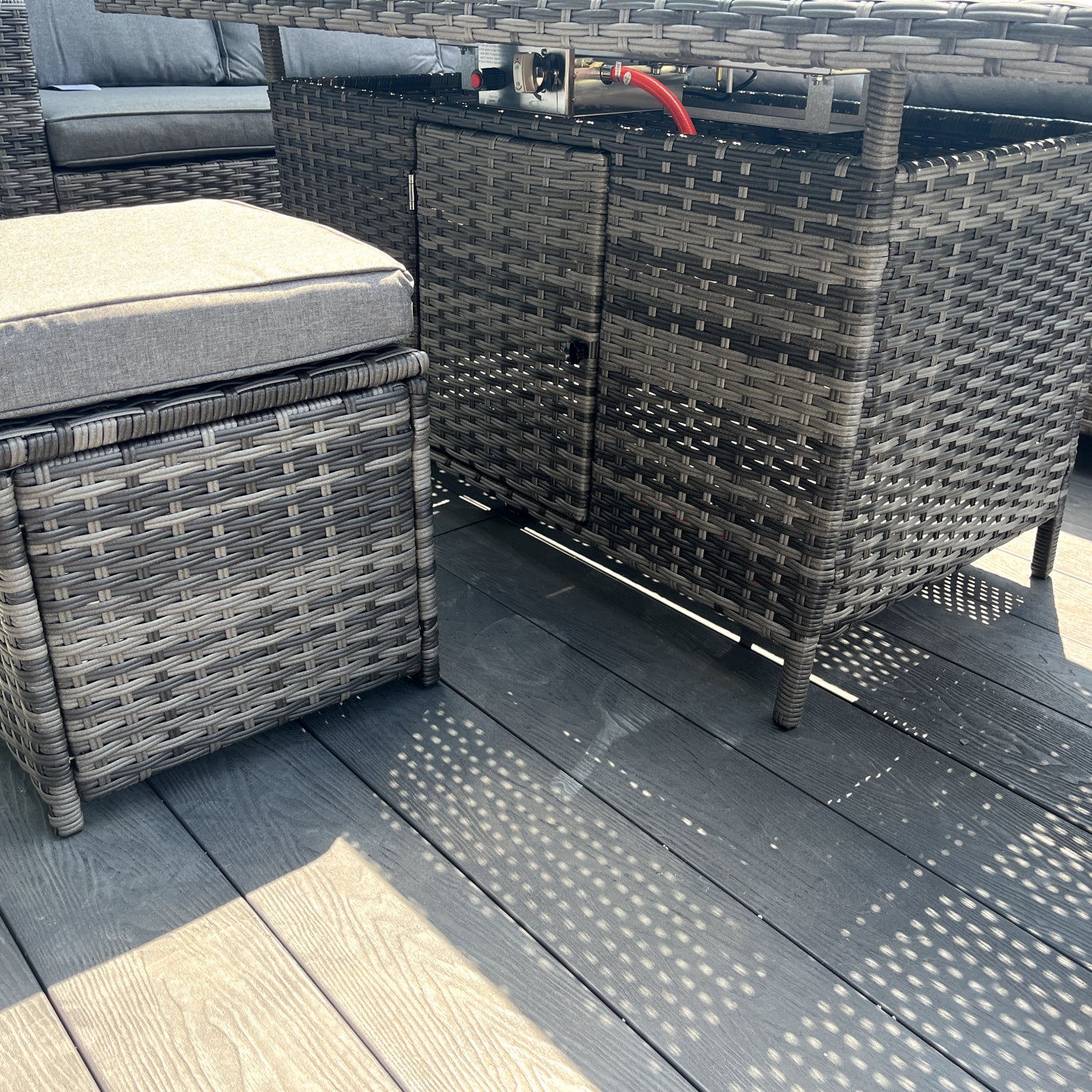 The Croft 8 Seat Corner Gas Firepit Rattan Dining Set | Dark Grey