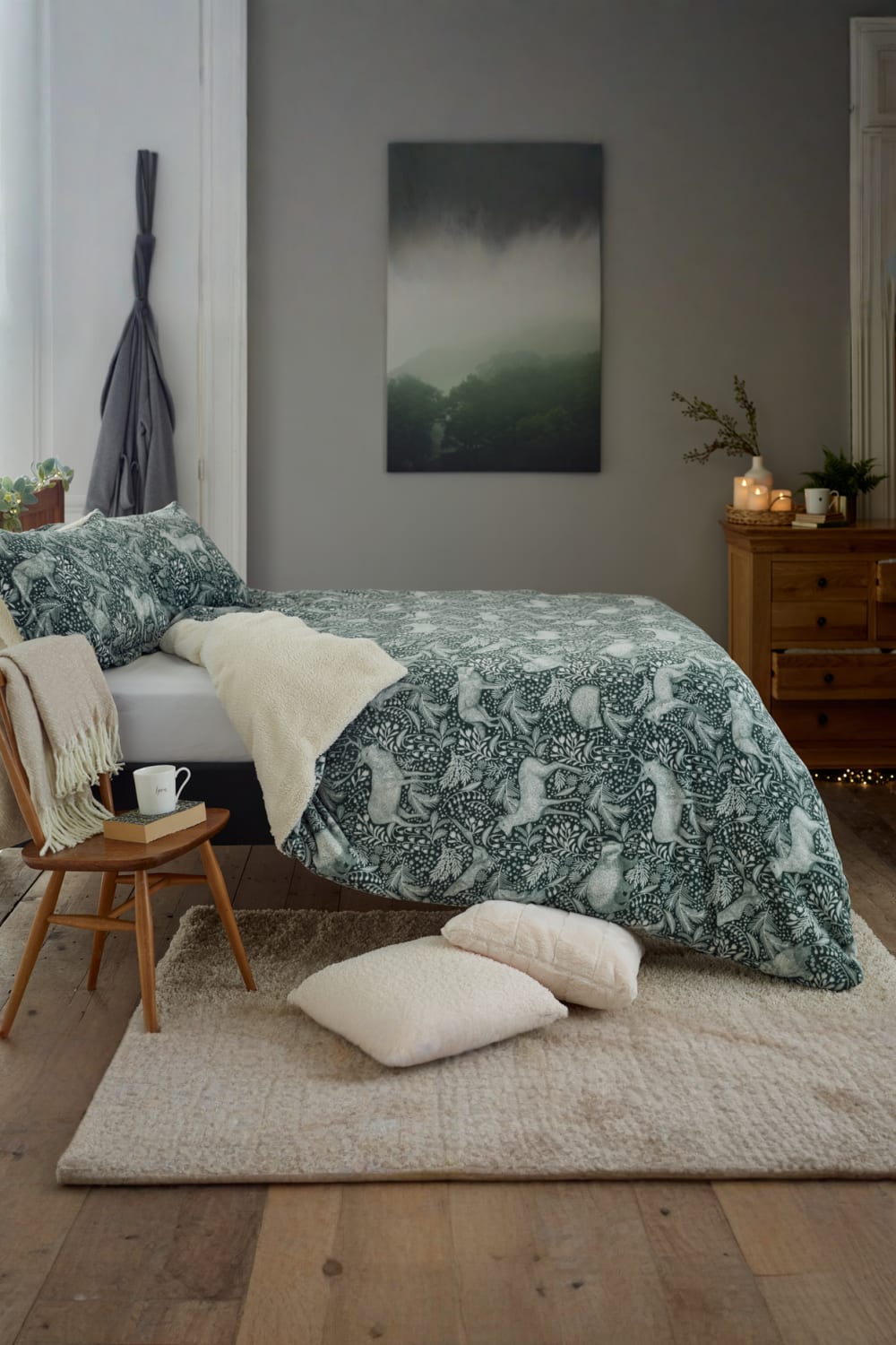 Woodland Folk Fleece Duvet Cover Set With Sherpa Reverse – Nature-inspired Cosy Bedding | Double | Sage Green