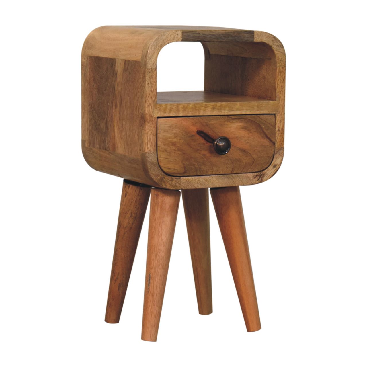 Solid Wood Extra Mini Oak-ish Curved Bedside, 1 Drawer And Open Slot, Beige