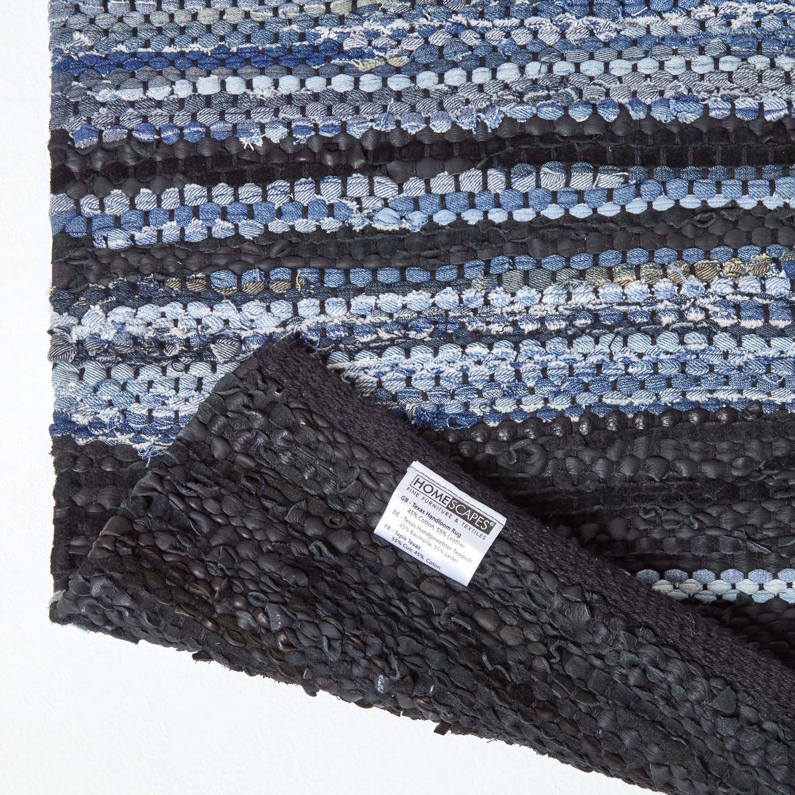 Texas Leather & Denim Woven Striped Blue Rug | 150cm x 95cm | Blue