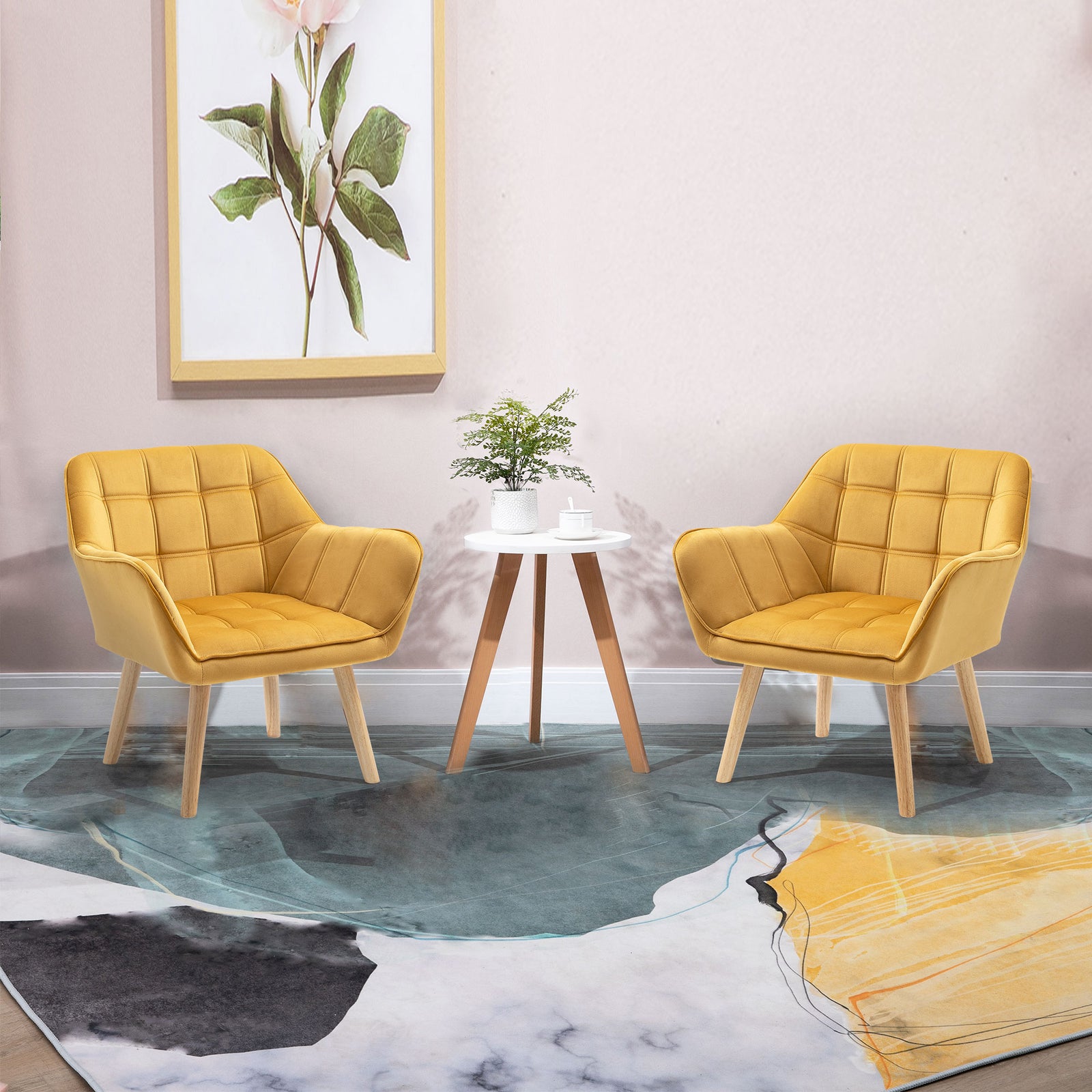 Velvet-feel Accent Chair With Arms Slanted Back Wood Legs | One Size | Yellow