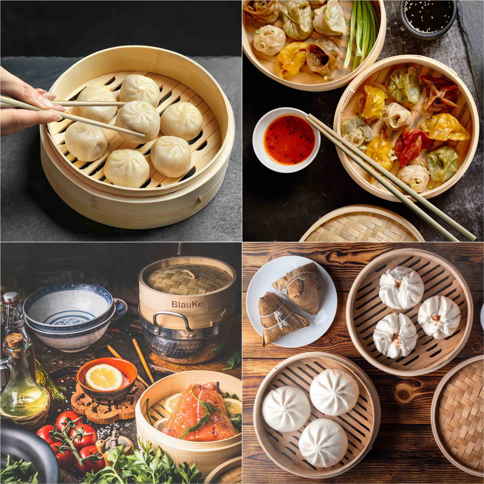 BlauKe Bamboo Steamer Basket 25cm With Chopsticks, Tongs, 50 Paper Liners - 2-tier Food Steamer For Cooking Dumplings Vegetables
