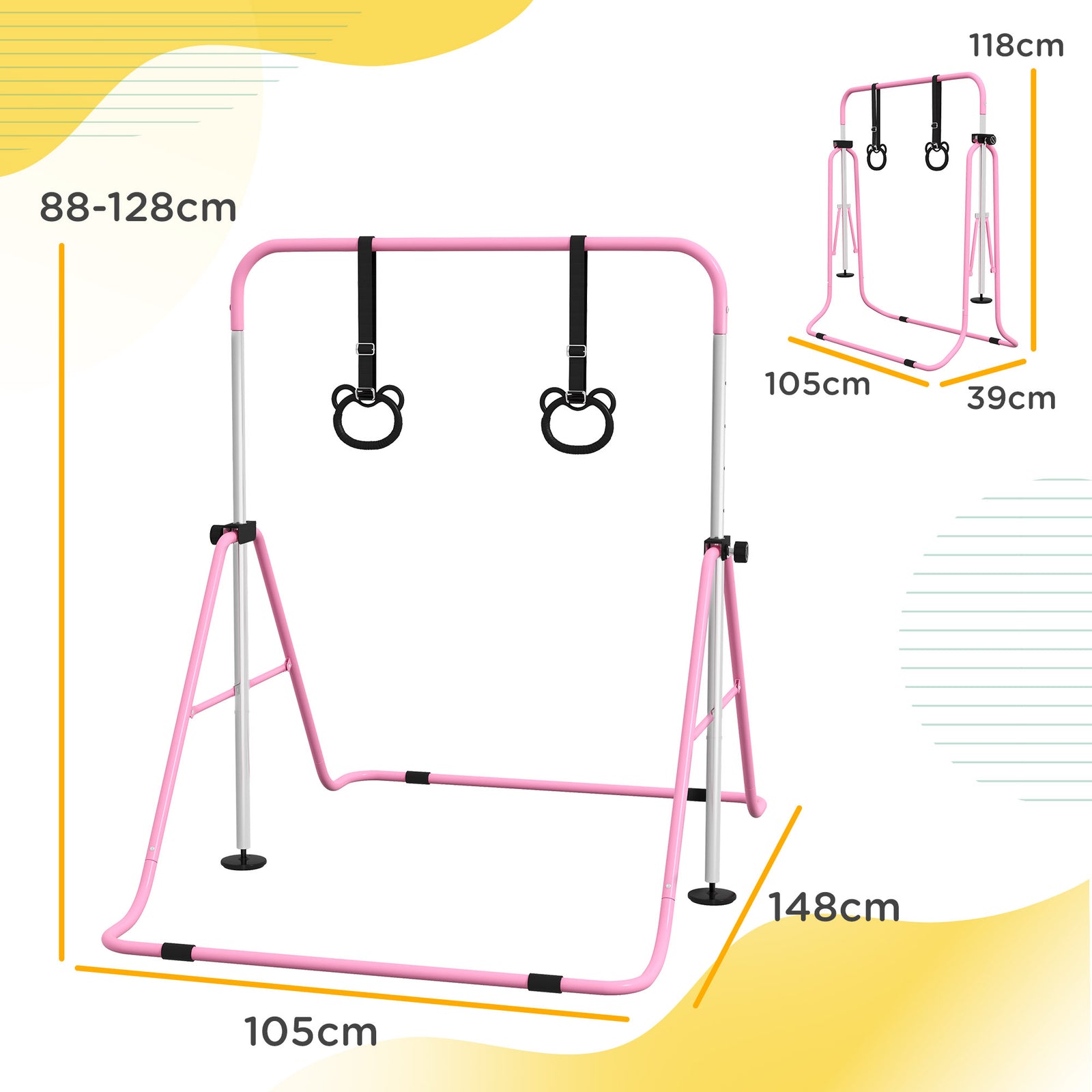 Adjustable Height Foldable Kids Gymnastics Bar With Non-slip Mats | Pink