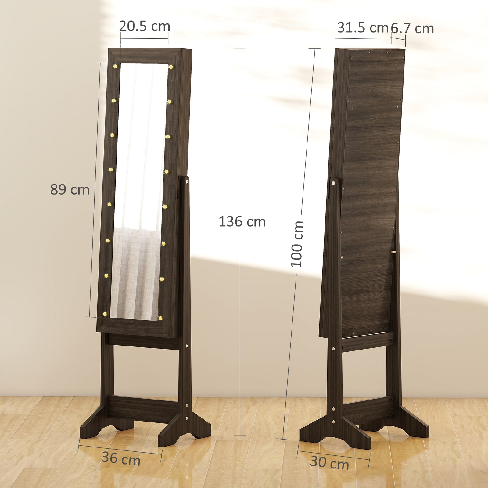 Freestanding Mirror Jewelry Cabinet With Led Lights | Dark Brown