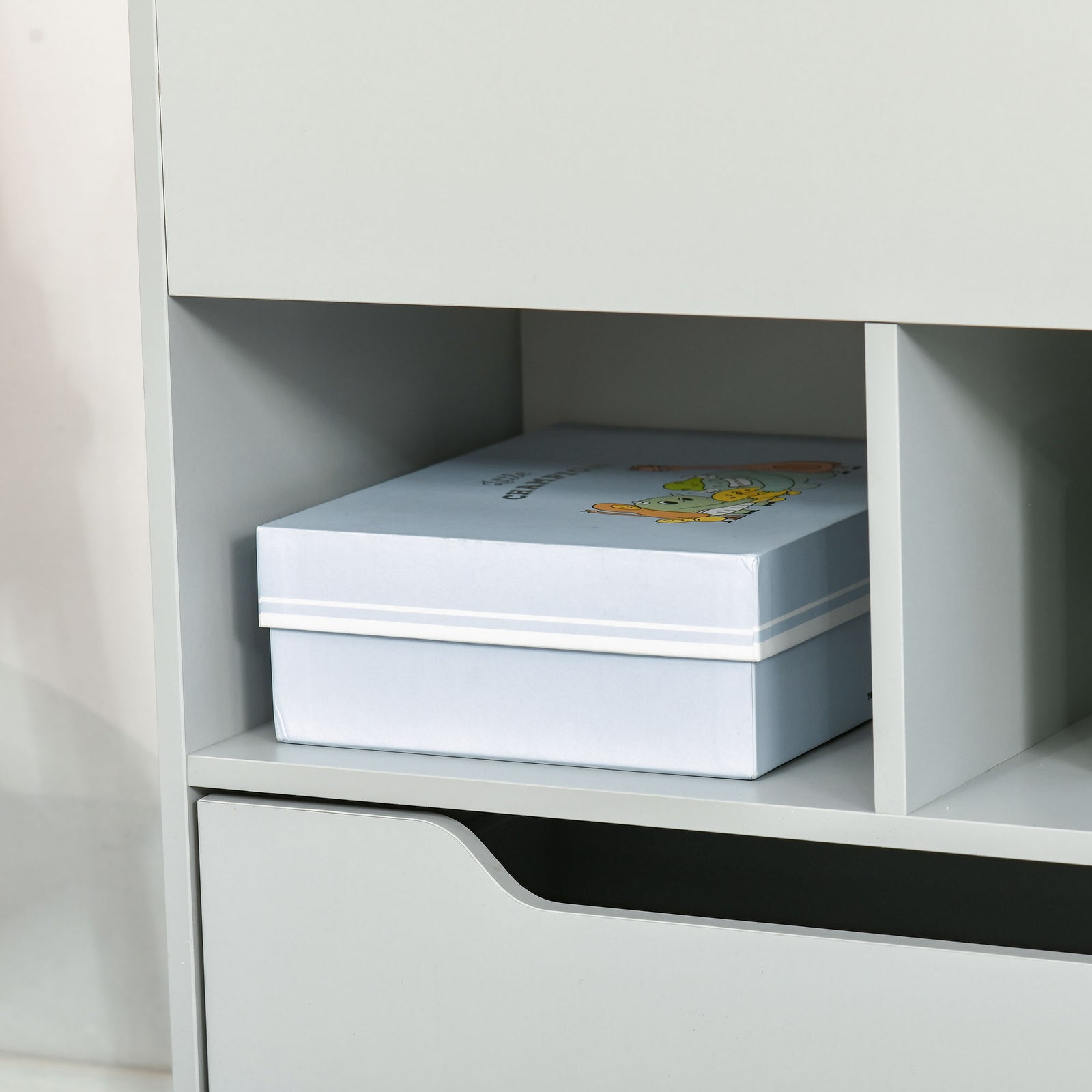 Kids Bookshelf, Toy Box W/ Storage Drawer, Wheels, For Bedroom | Grey