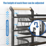 3/4/5-tier Adjustable Black Carbon Steel Storage Cart Rolling Utility Organizer Trolley With Wooden Handle | Small | Black