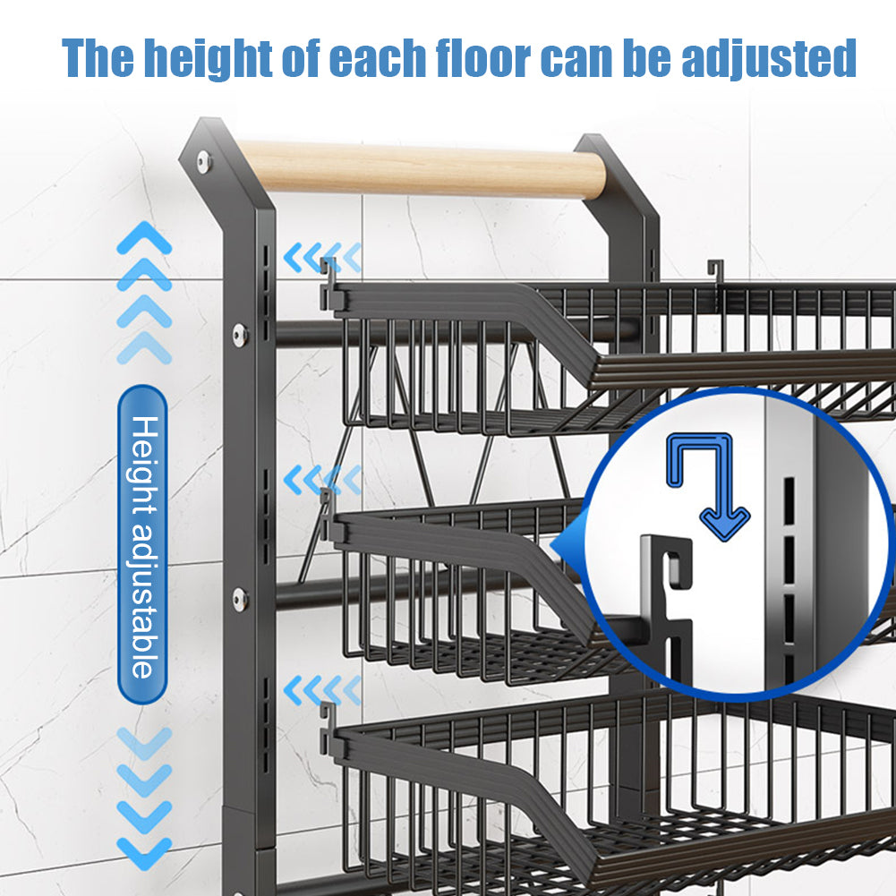 3/4/5-tier Adjustable Black Carbon Steel Storage Cart Rolling Utility Organizer Trolley With Wooden Handle | Small | Black