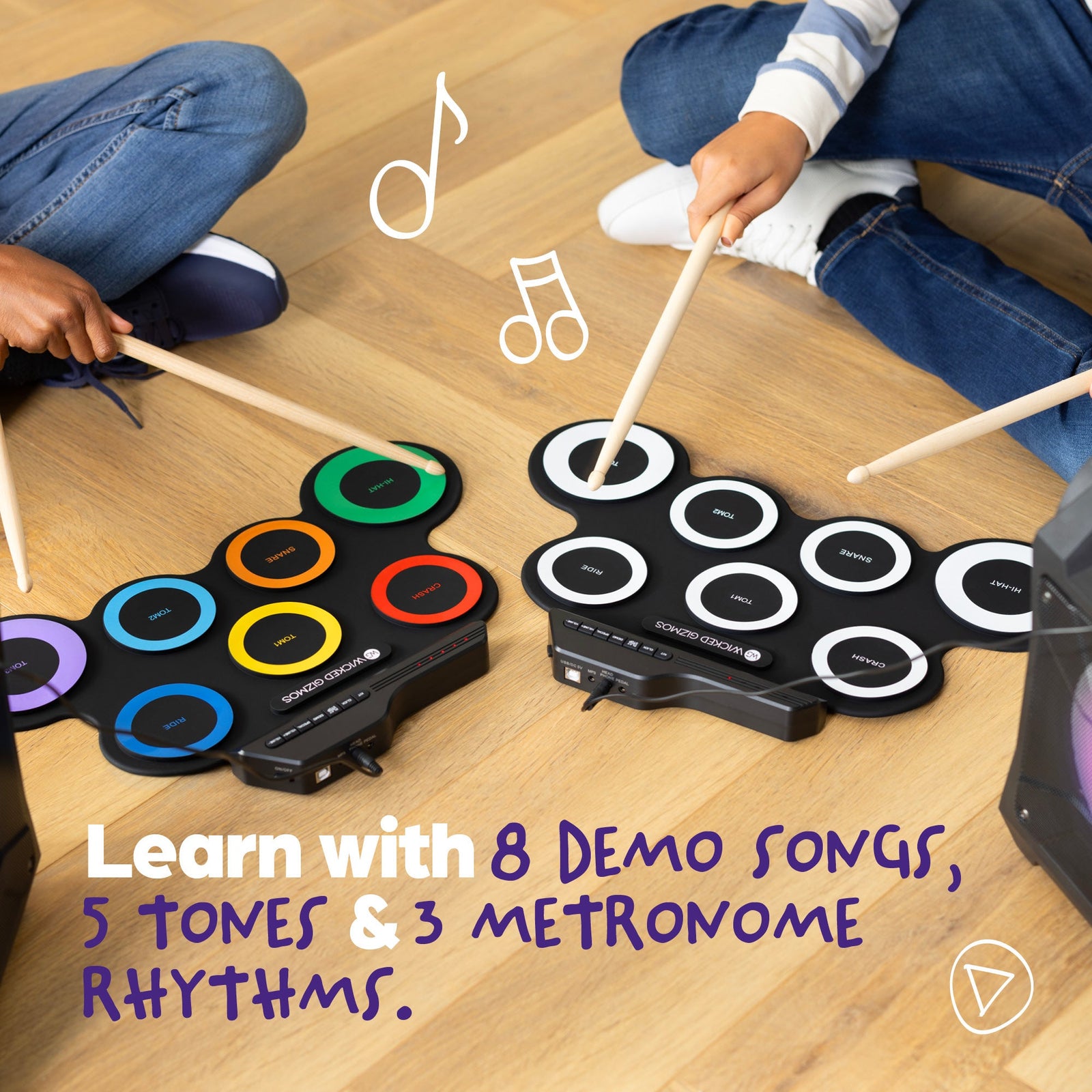 Wicked Gizmos Electronic Drum Kit Roll Up Mat W/ Demo Songs & Sticks Multicolour