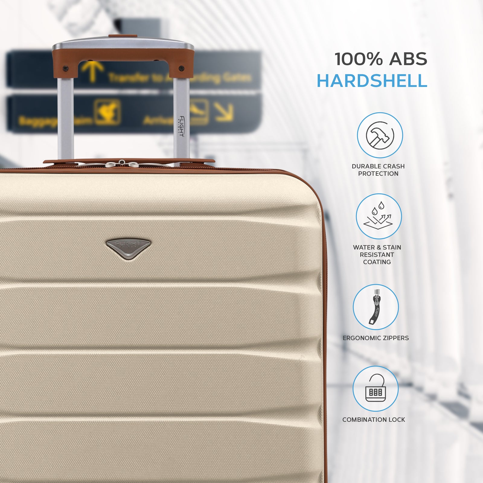 56x45x25cm Large Cabin Carry On Case - Overhead Luggage Suitcase - 4 Spinner Wheels - Abs Shell | 56 x 45 x 25cm | Cream