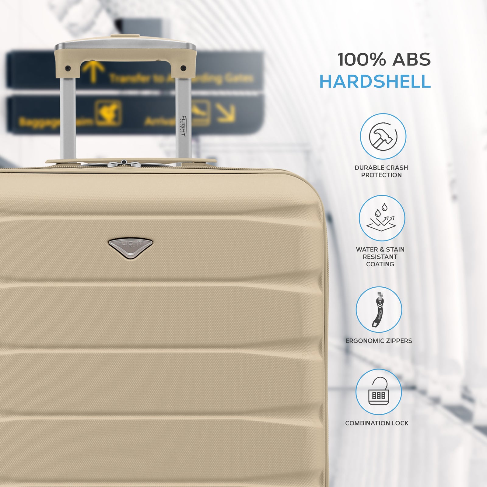 56x45x25cm Large Cabin Carry On Case - Overhead Luggage Suitcase - 4 Spinner Wheels - Abs Shell | 56 x 45 x 25cm | Champagne