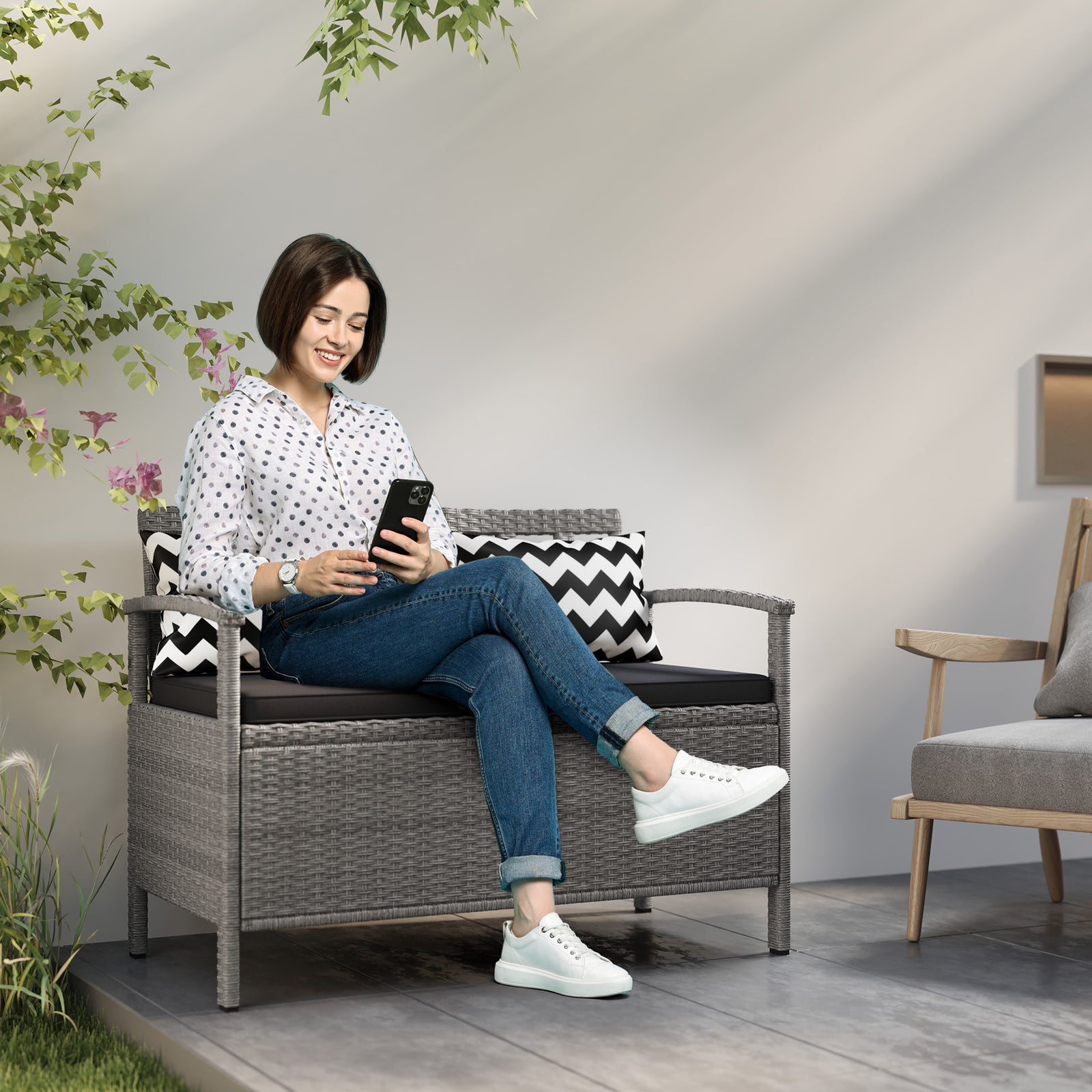 160l Rattan Garden Storage Bench, Cushioned Outdoor Bench