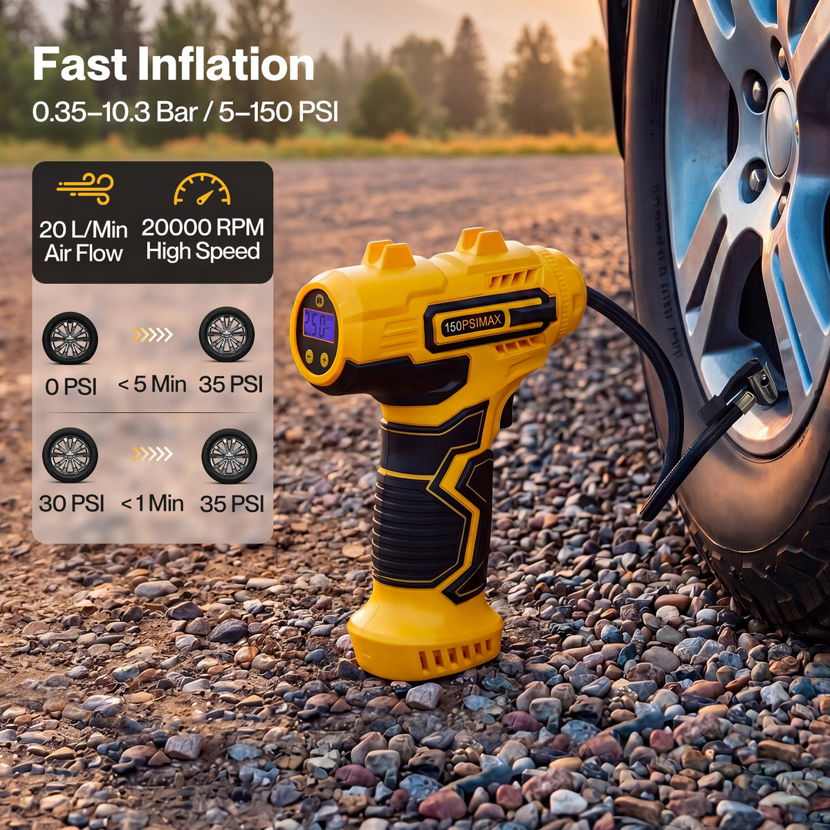 Car Tyre Inflator Cordless Air Compressor 150psi Portable Tyre Pump | Yellow
