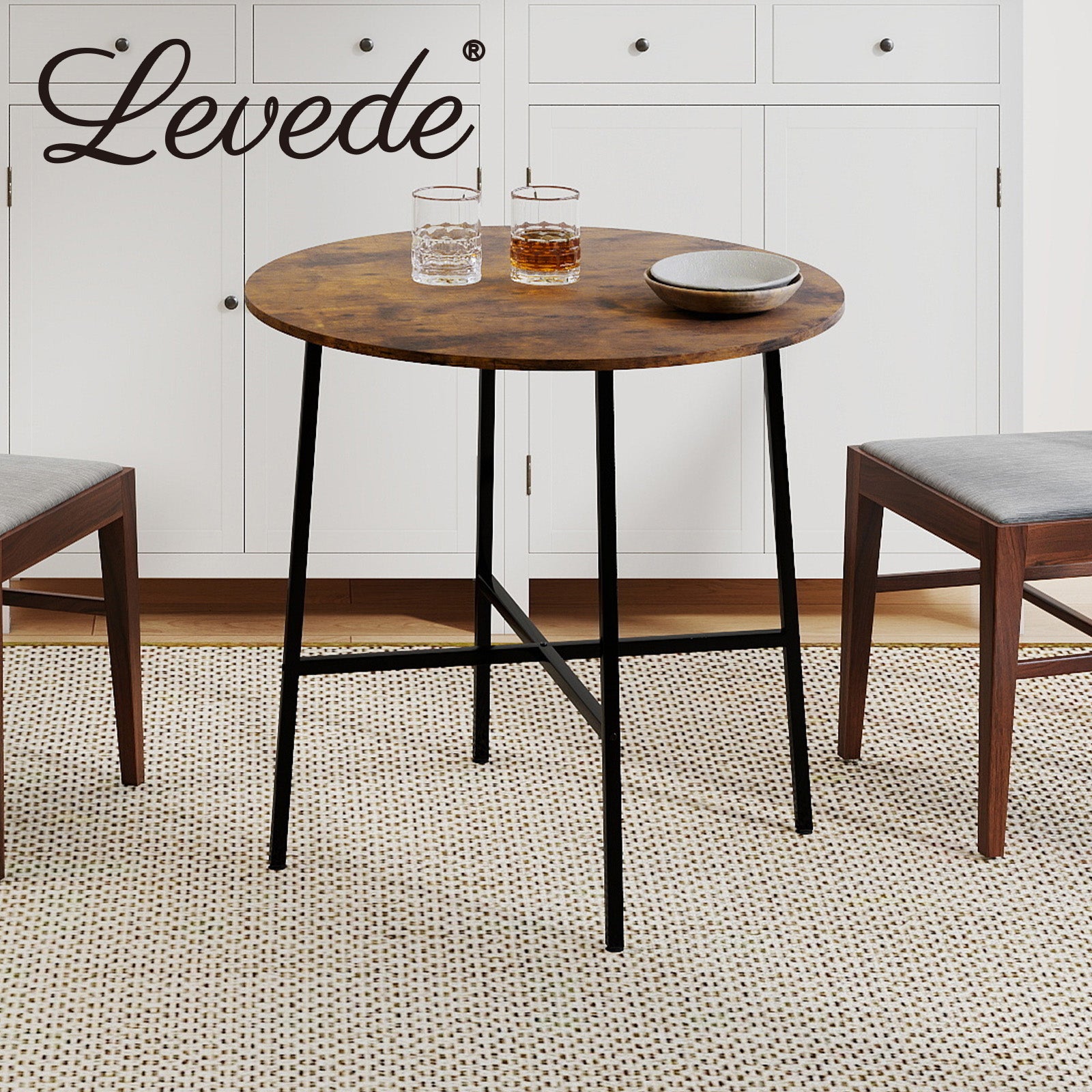 Dining Table Round Kitchen 4 Person Coffee Restaurant Metal Base 80cm | Brown