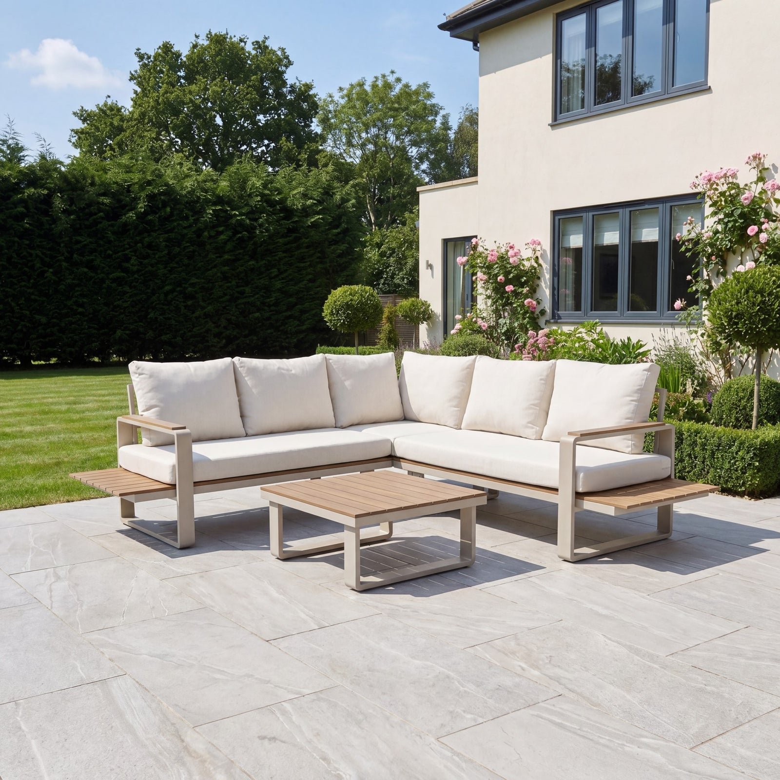 Linden Outdoor Corner Lounge Set And Table | Cream & Beige