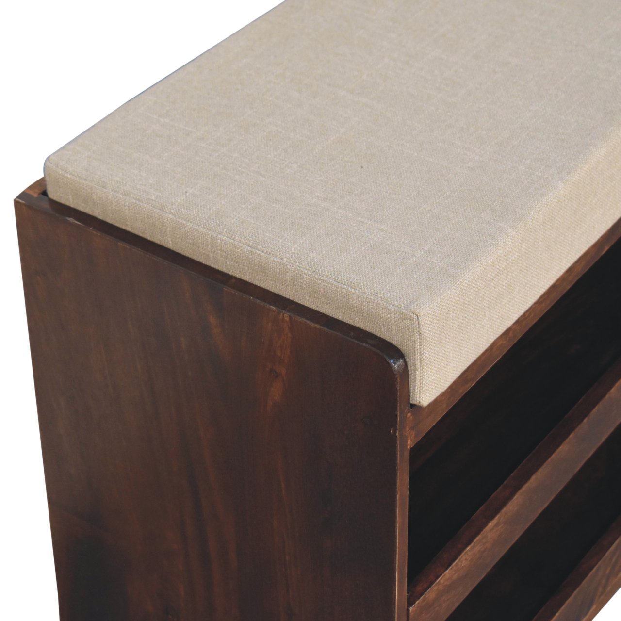 California Walnut & Mud Linen Pull Out Shoe Bench In Solid Wood | Chocolate Brown