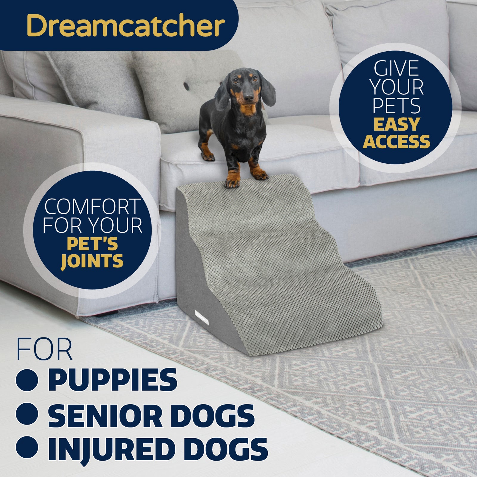 Dog Stairs For Bed, High Density Foam Pet Step Ramp For Sofa, Dogs & Cats, 2,3 & 4 Steps | 3 Step | Grey