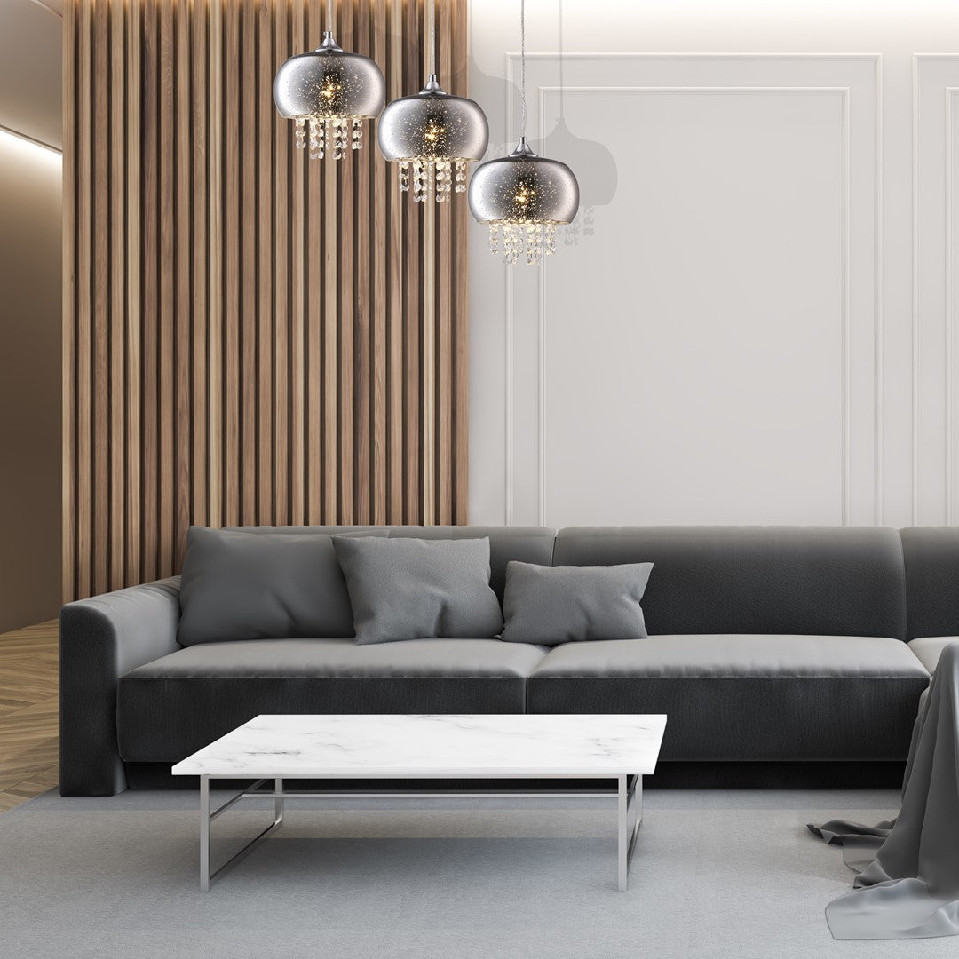 Starlight Chrome Pendant Lamp 3xe14 A Stunning Range With 22cm Glass Shades Housing Chrome Fitments And Gorgeous Crystals