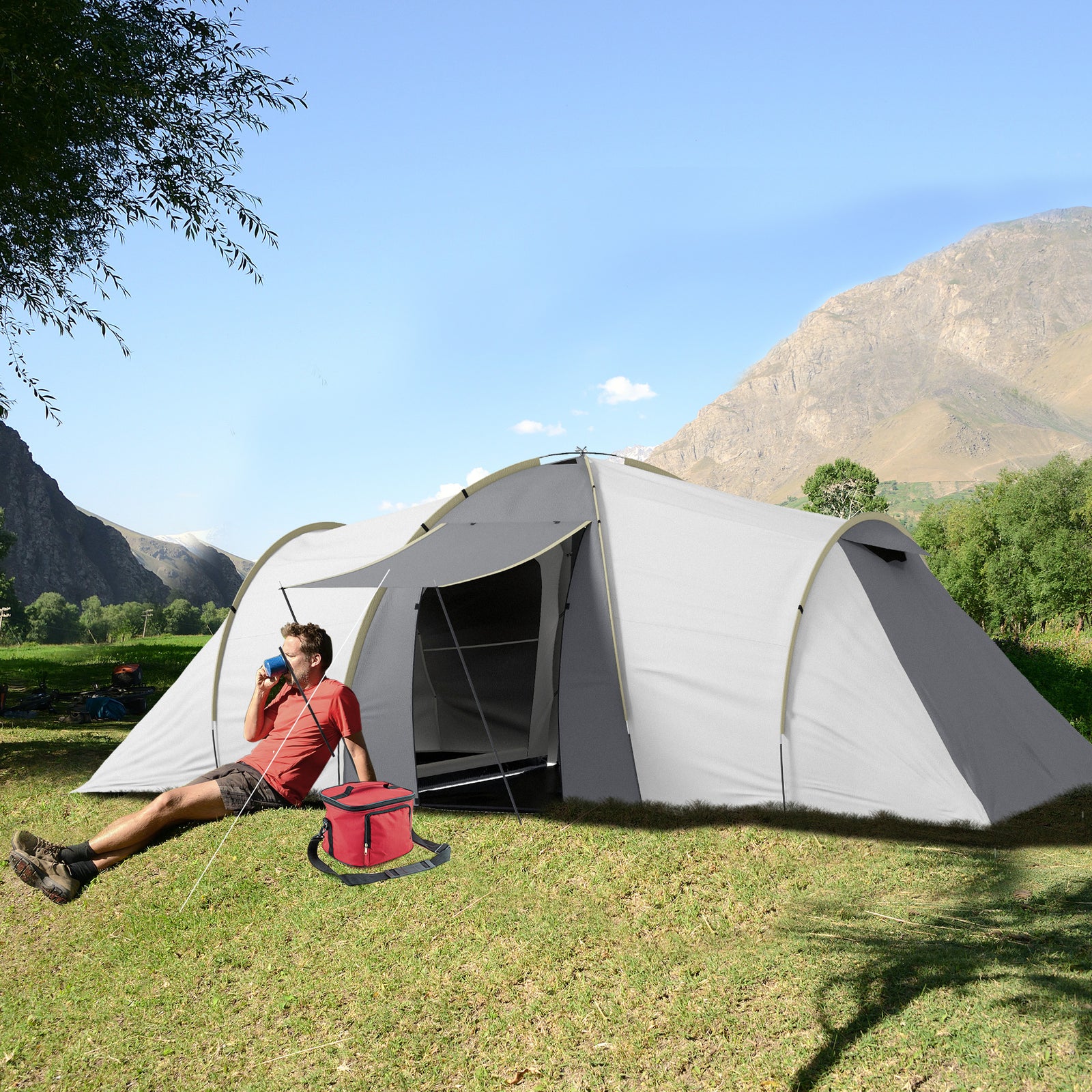 4-6 Man Tunnel Tent, Camping Tent W/ Bedroom, Living Area | Multi Colour
