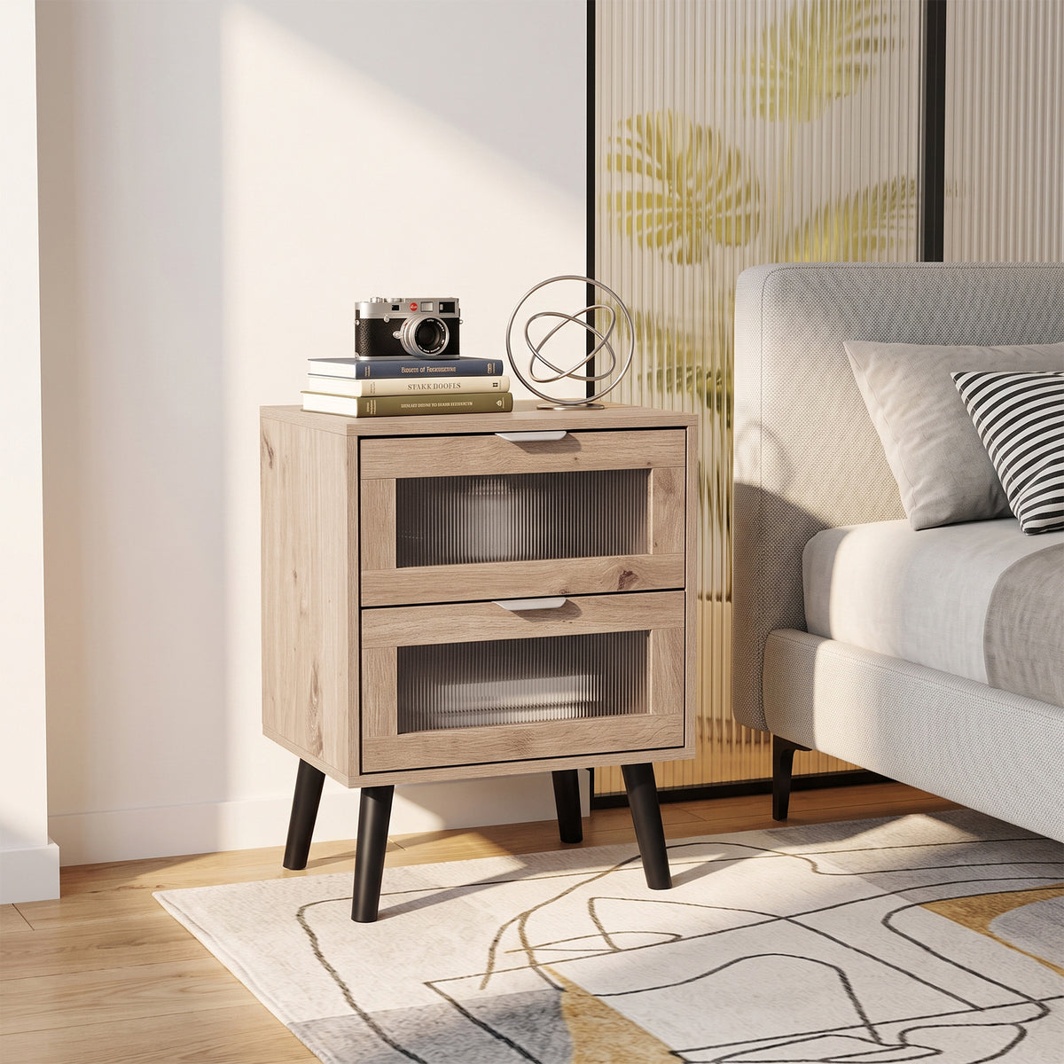 Breeins Modern Dual-drawer Bedside Table With Solid Wood Legs