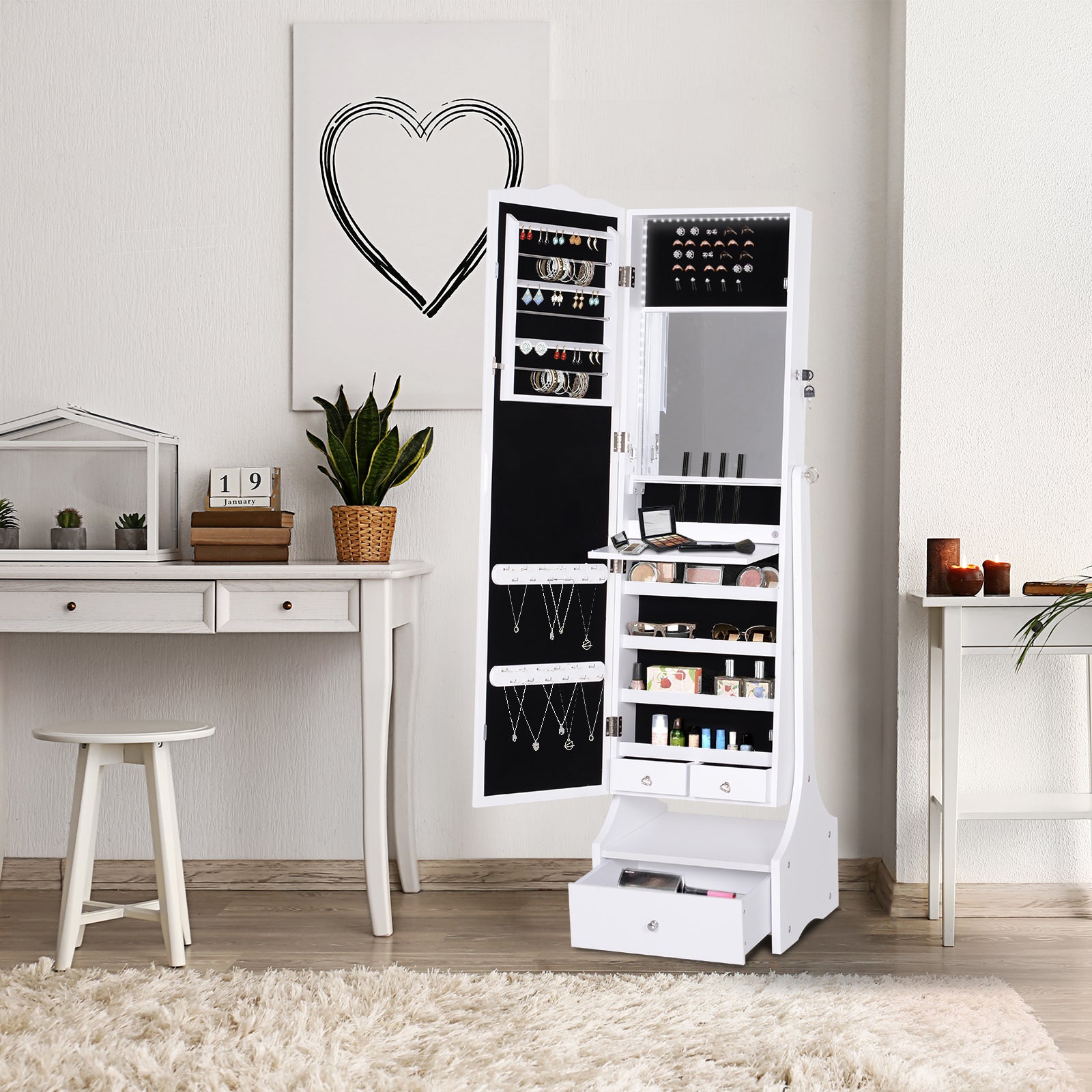 Mirrored Jewelry Cabinet Armoire Floor Standing W/ Lock