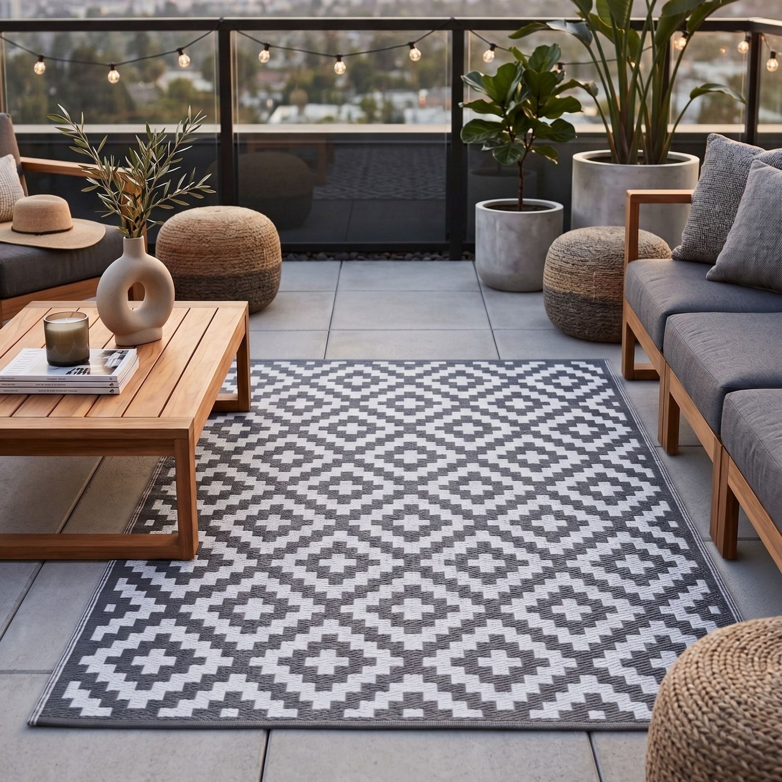 Luxury Outdoor Rug Waterproof Reversible For Garden Patio 100% Recycled, Grey Zoe Geometric | 180cm x 270cm | Grey