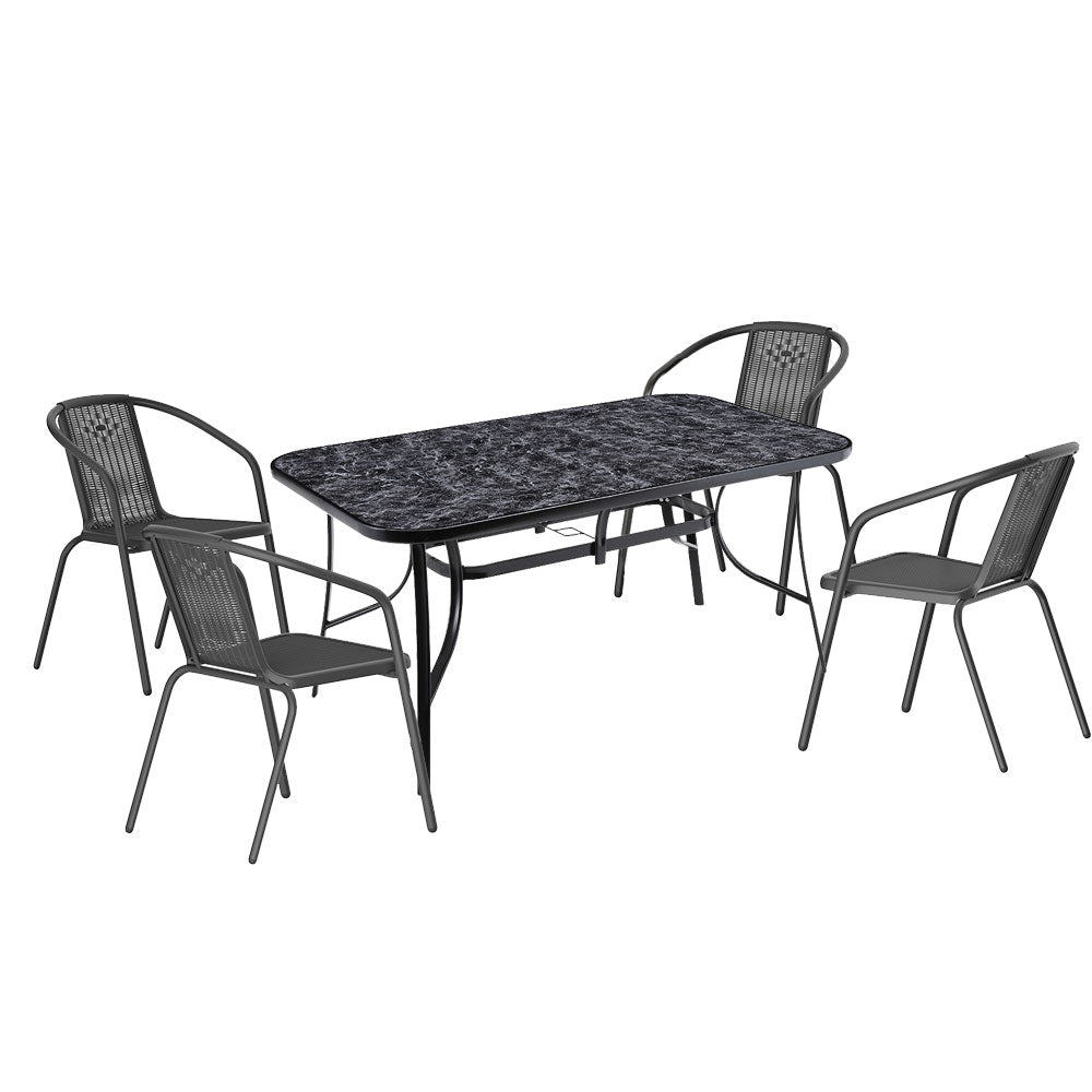 Garden Tempered Glass Rectangle Table With Set Of 4 Pe Rattan Chairs | Large | Black