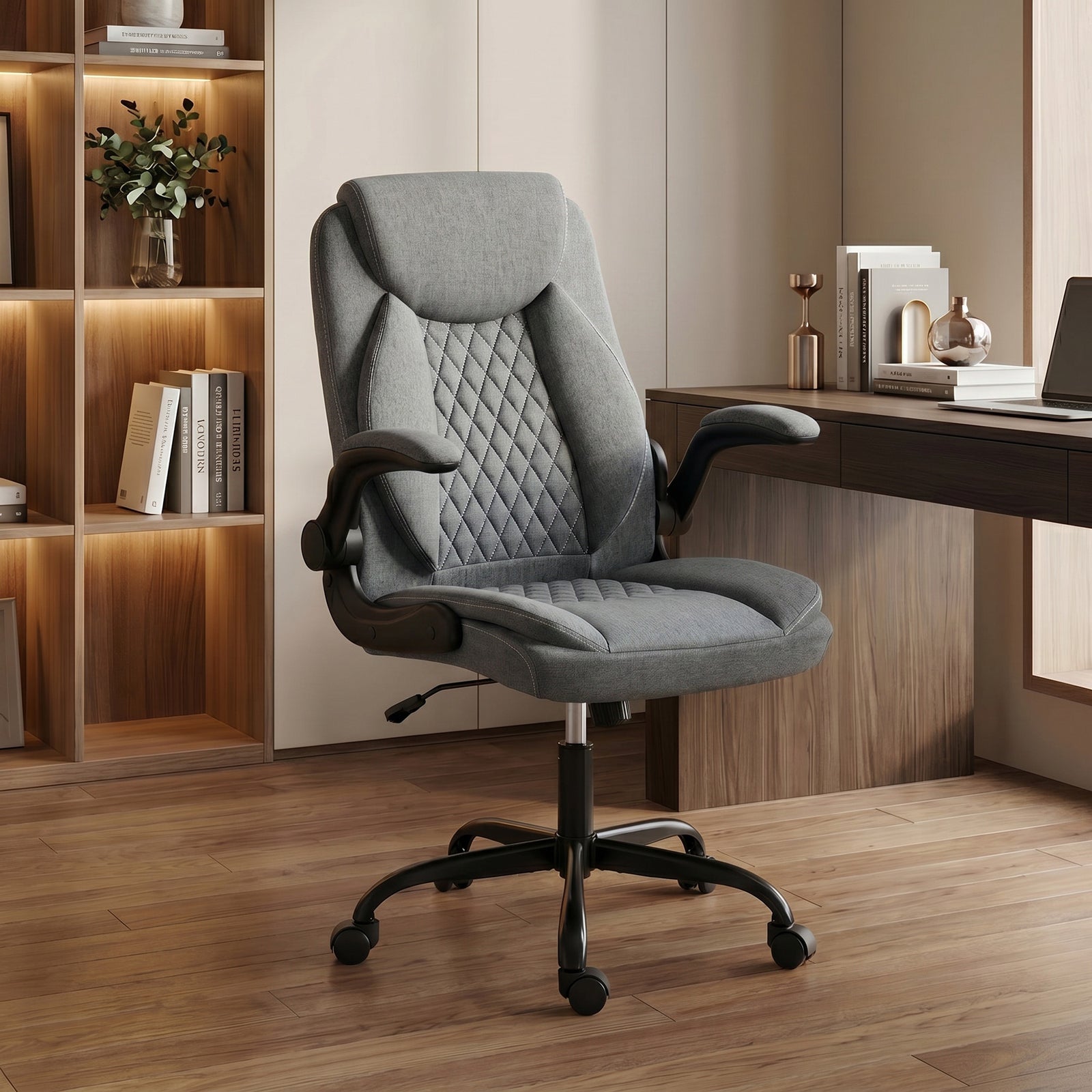 Linen-look Computer Desk Chair With Thick Cushion | Grey