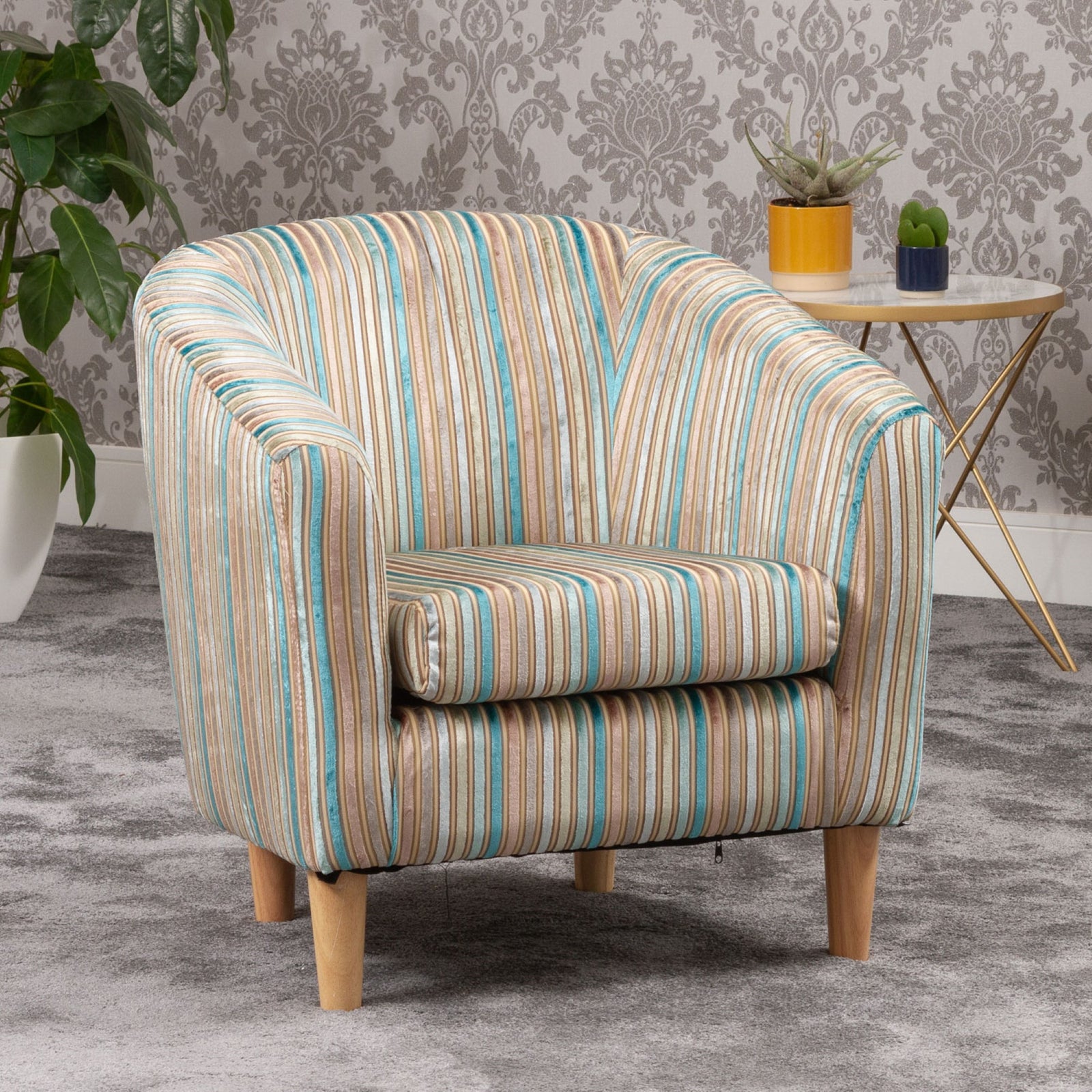 Aurora 69cm Wide Silver Striped Fabric Tub Chair With Dark And Light Wooden Legs | Blue