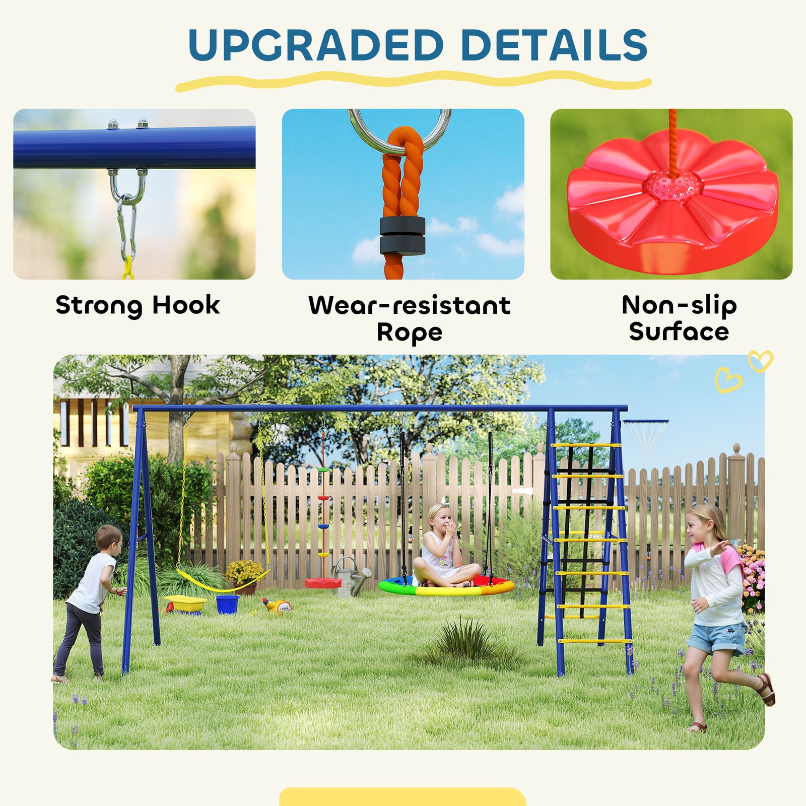 6 In 1 Kids Swing Set With 3 Swings, Basketball Hoop, Climbing Ladder & Net