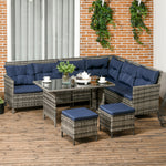 6 Pcs Patio Wicker Dining Set Rattan Chair Stool Table Set | Dark Blue