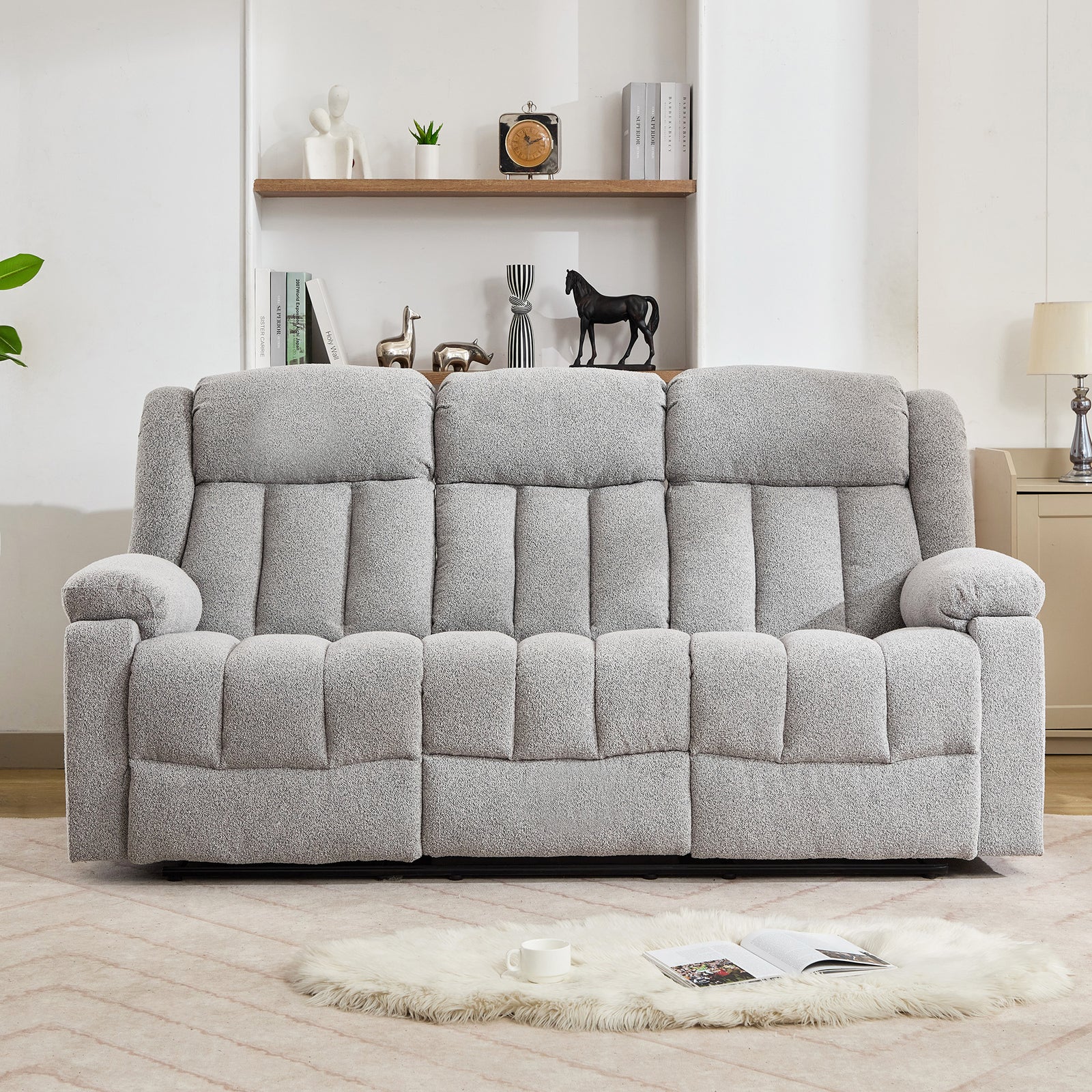 Lovell 3 Seat Manual Recliner Sofa With Central Console | Light Grey