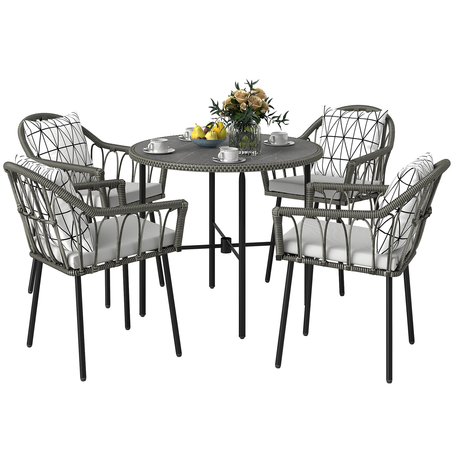 5 Piece Patio Rattan Dining Set, Removable Cushions | Gray