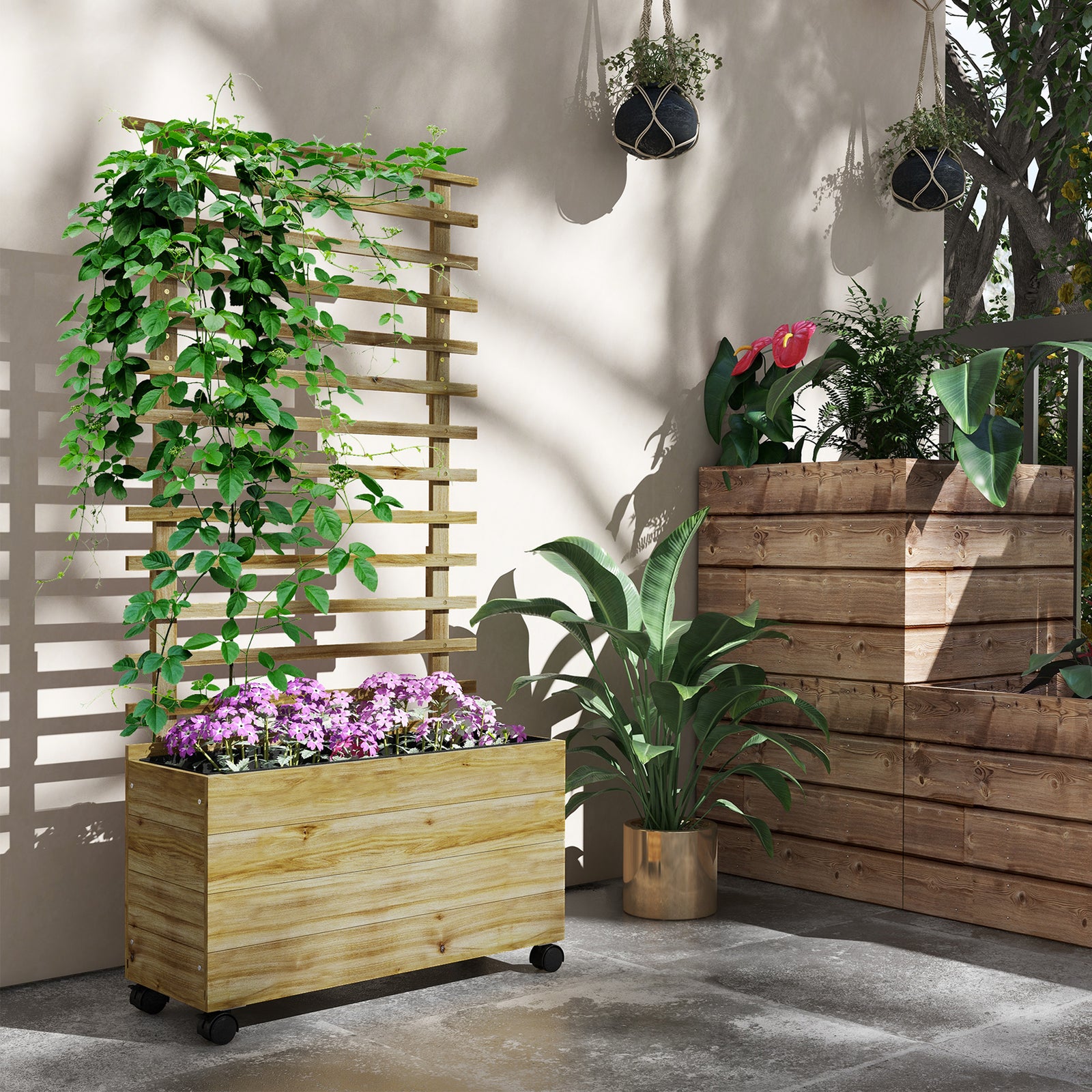 Wooden Planter Box With Trellis Natural
