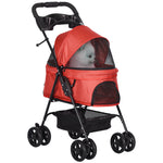 Pet Stroller Foldable Travel Carriage With Brake Basket Canopy | Red