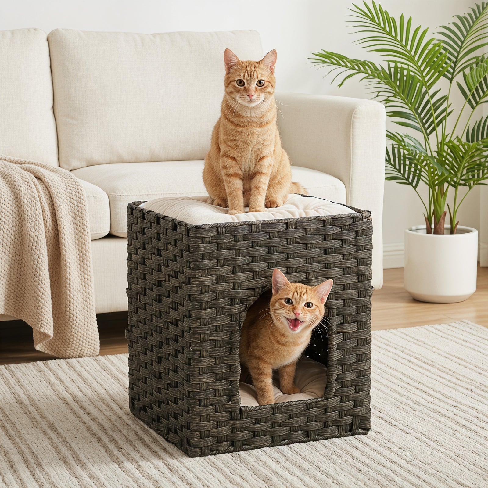 PawHut 2-tier Wicker Cat House, Rattan Cat Bed With Washable Cushions