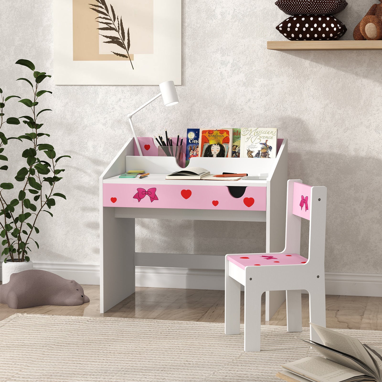 Aiyaplay Children Study Table And Chair W/ Storage, Pull-out Drawer | Pink