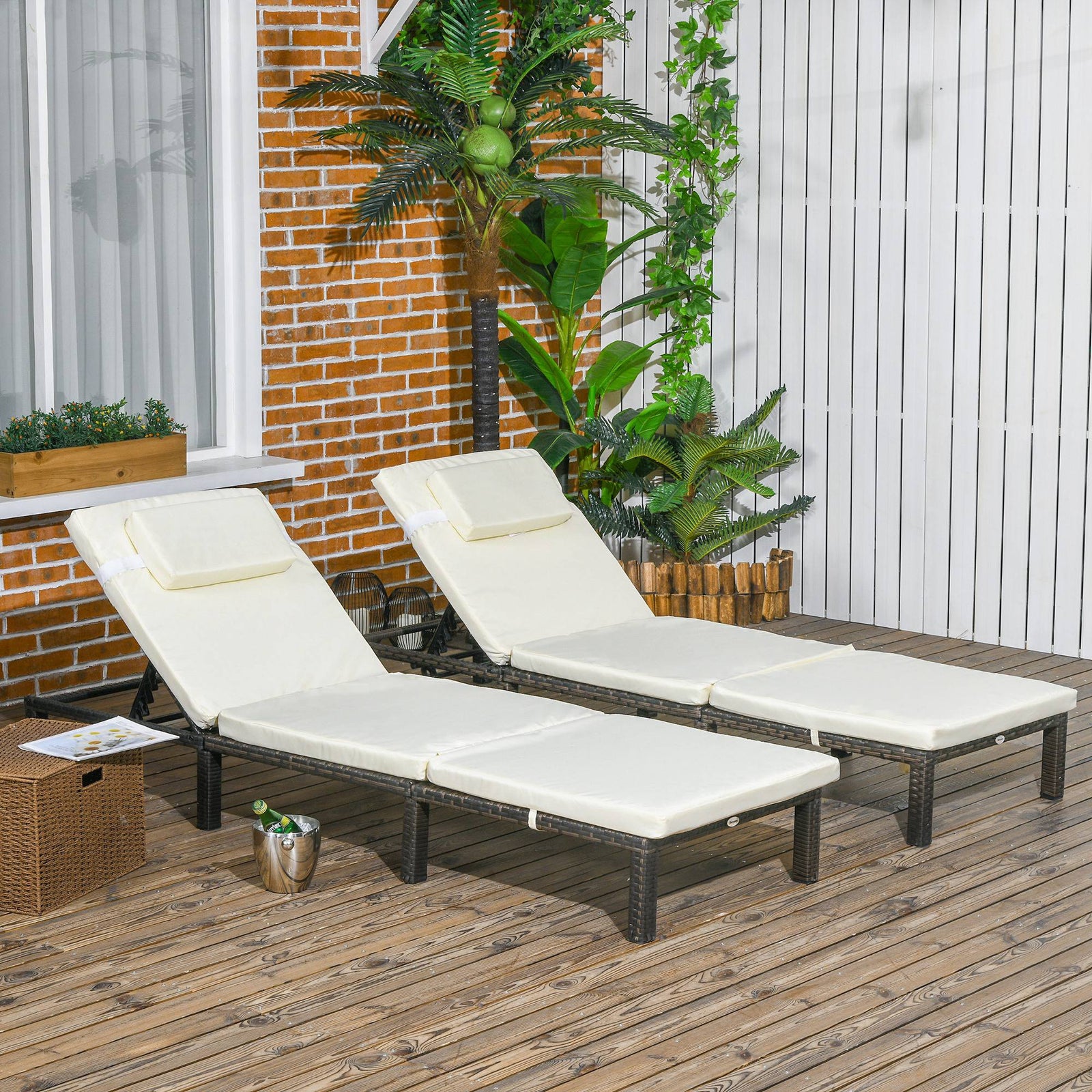 Set Of 2 Rattan Sun Loungers 5-level Adjustable | Cream