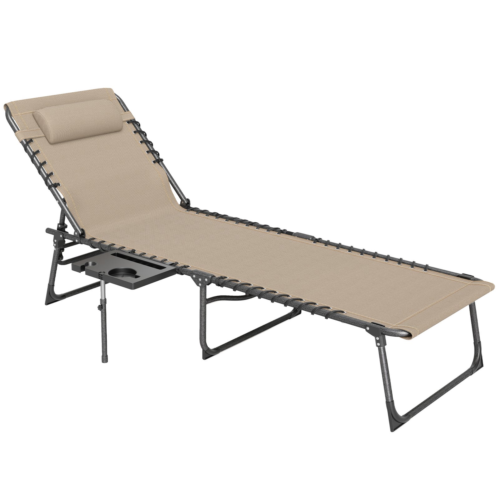 Folding Sun Lounger With 5-level Reclining Back, Side Table | Beige
