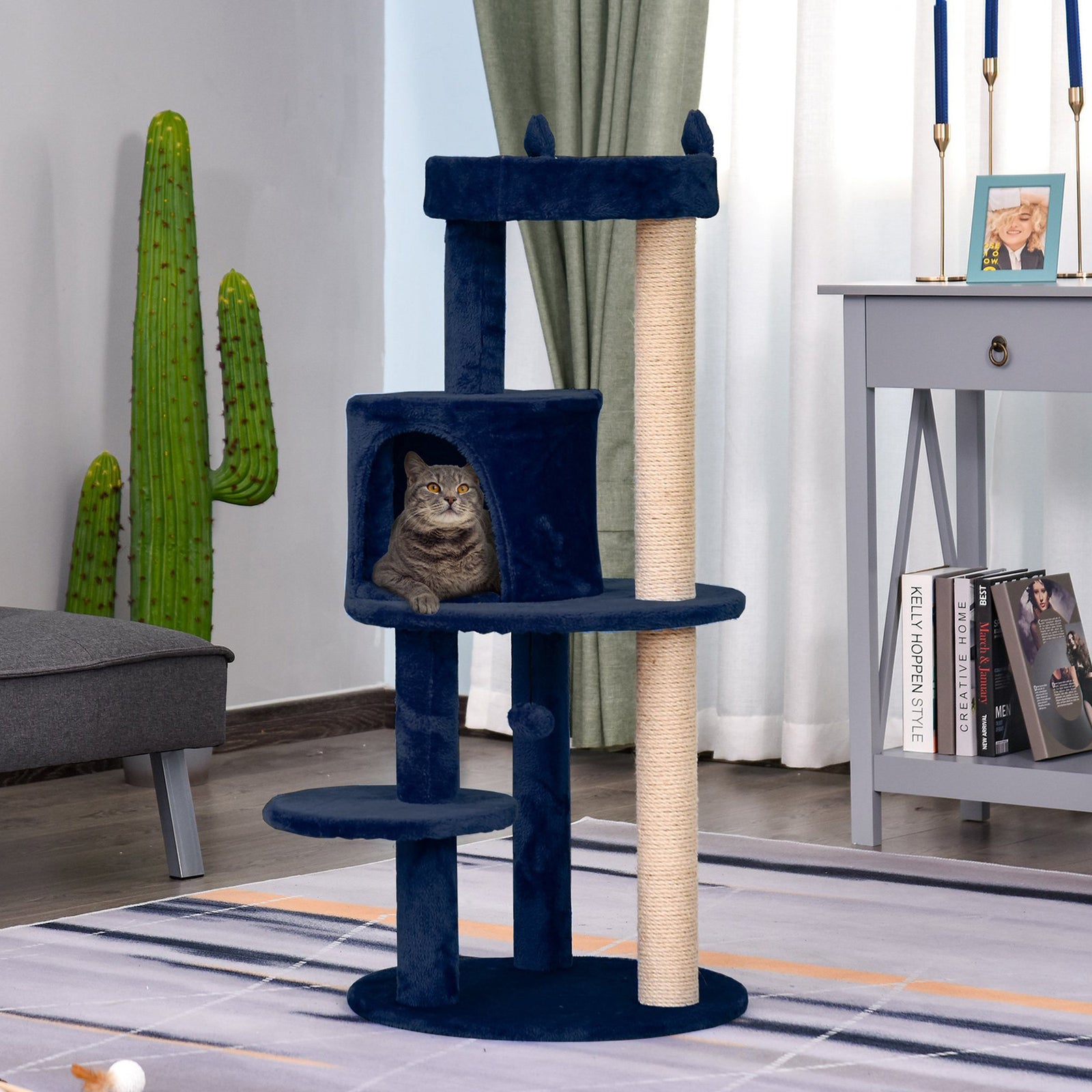 4 Tiers 104cm Cat Tree W/ Scratching Posts Perches  Hanging Ball | Royal Blue