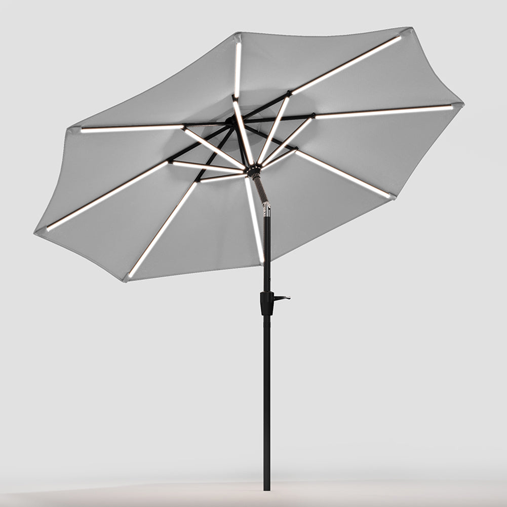 3m Solar Led Patio Umbrella, Outdoor Parasol With 16 Led Tubes, Crank Lift & Push Button Tilt Without Base | One Size | Light Grey