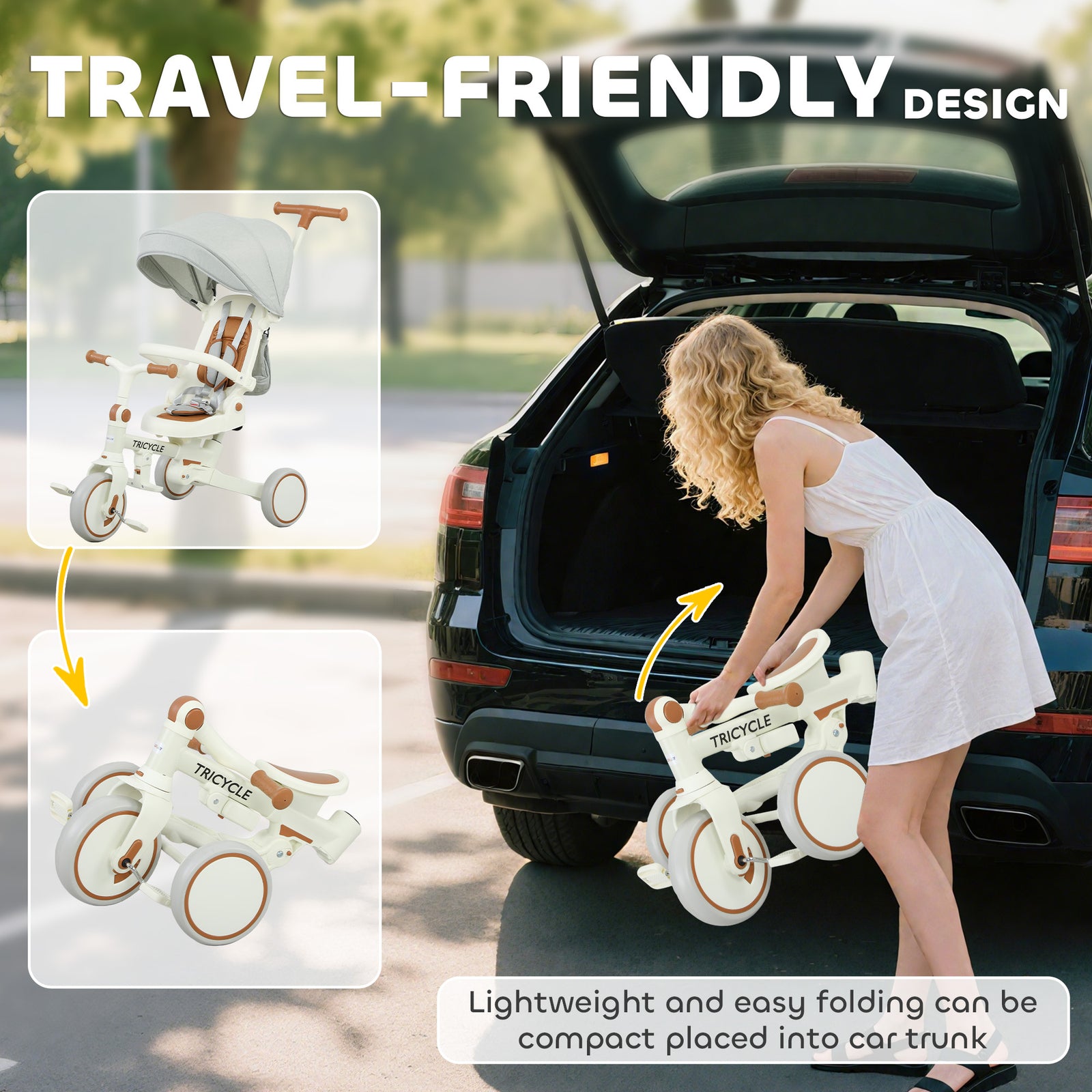 5 In 1 Foldable Kids Trike, Toddler Tricycle For 1-3 Years | Cream