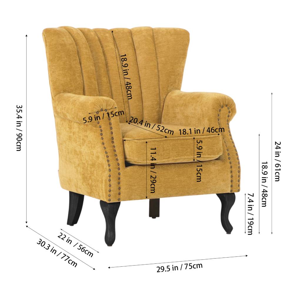 Elegant Chenille Armchair With Rubberwood Legs | Yellow