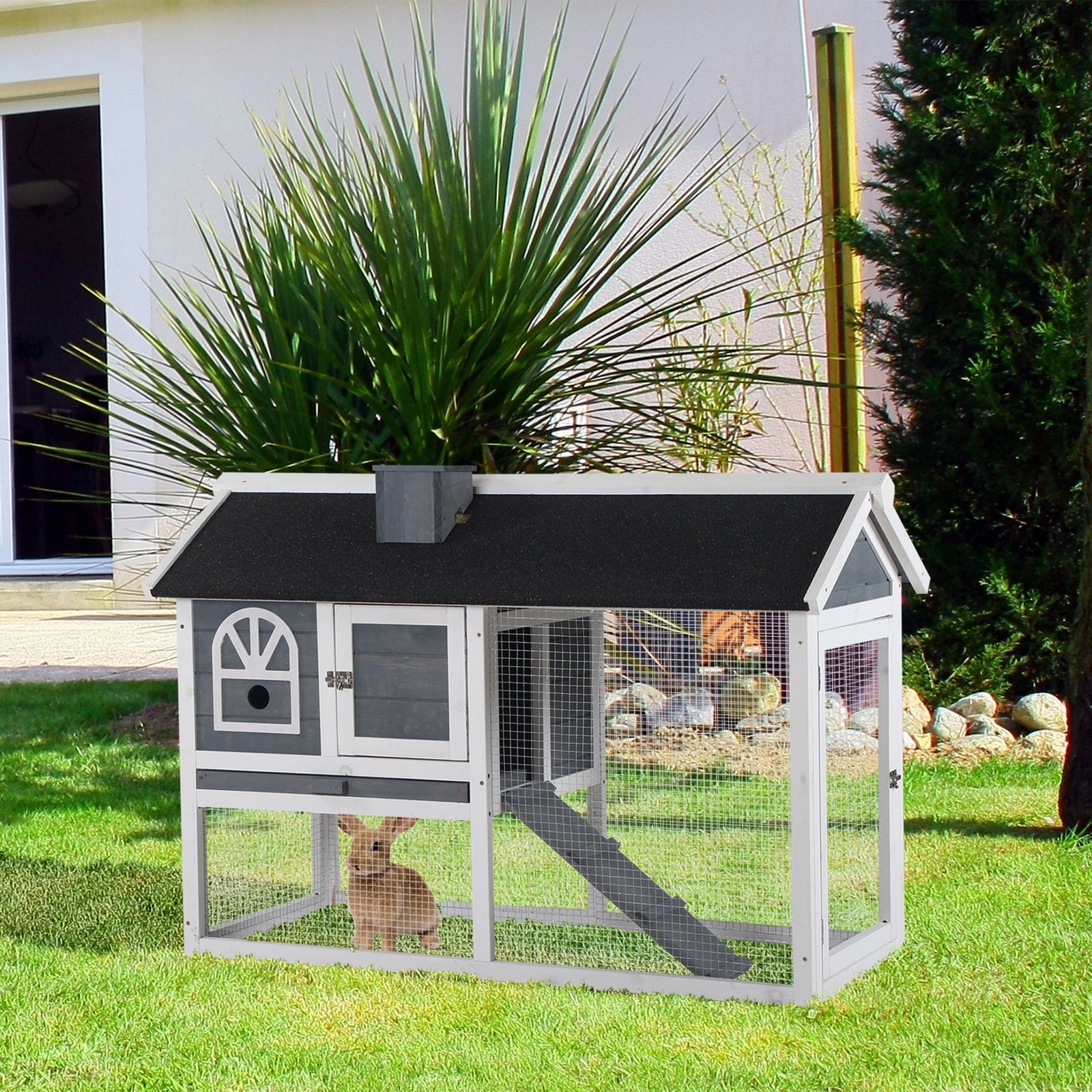 Rabbit Hutch Wood Bunny Cage For Outdoor Indoor W/ Pull Out Tray Ramp | Gray