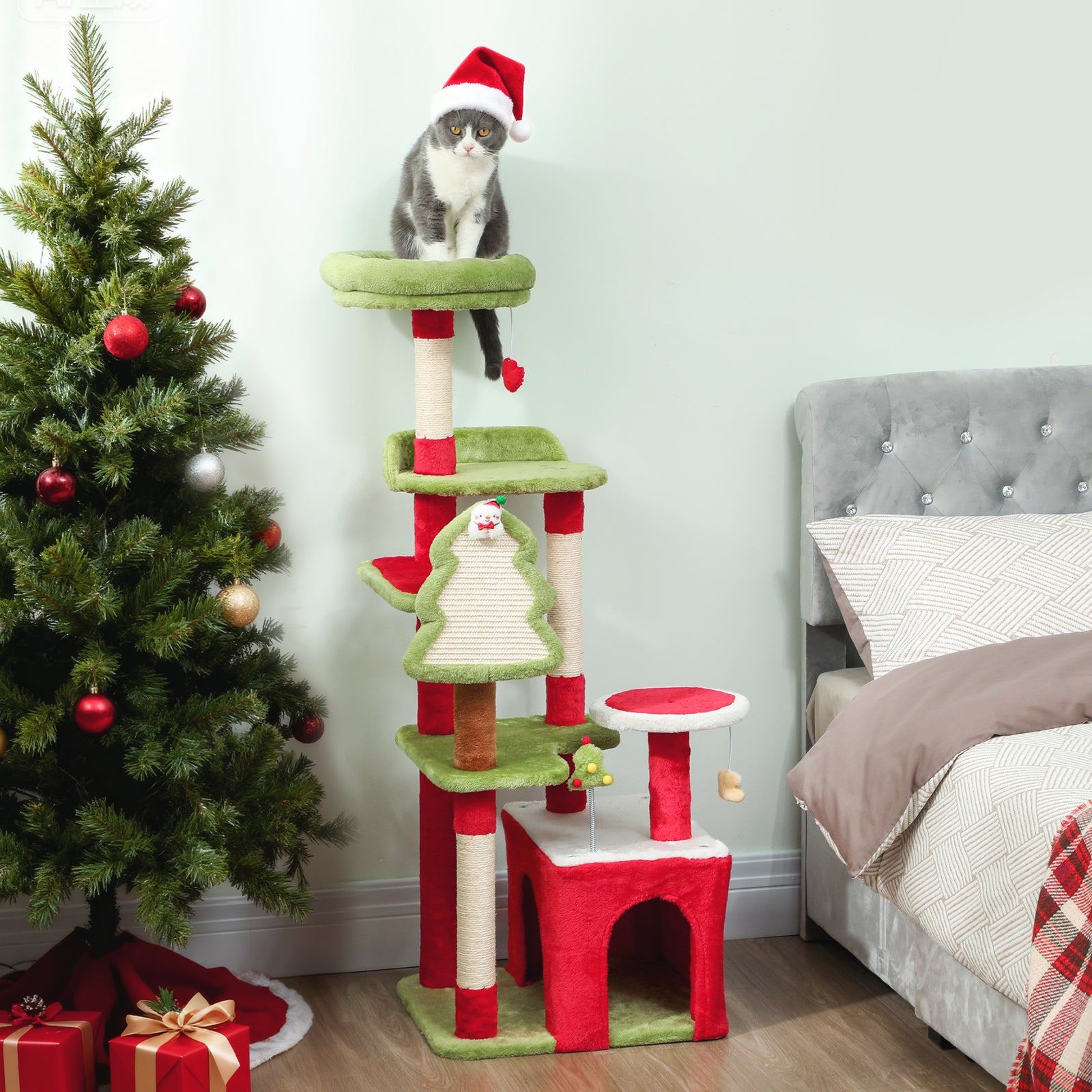 120cm Cat Tree, Christmas Cat Tower With 3 Sisal Scratching Posts, Green
