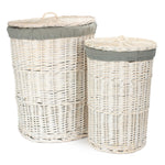 Round White Wash Laundry Hamper With Grey Sage Lining | Set-of-2