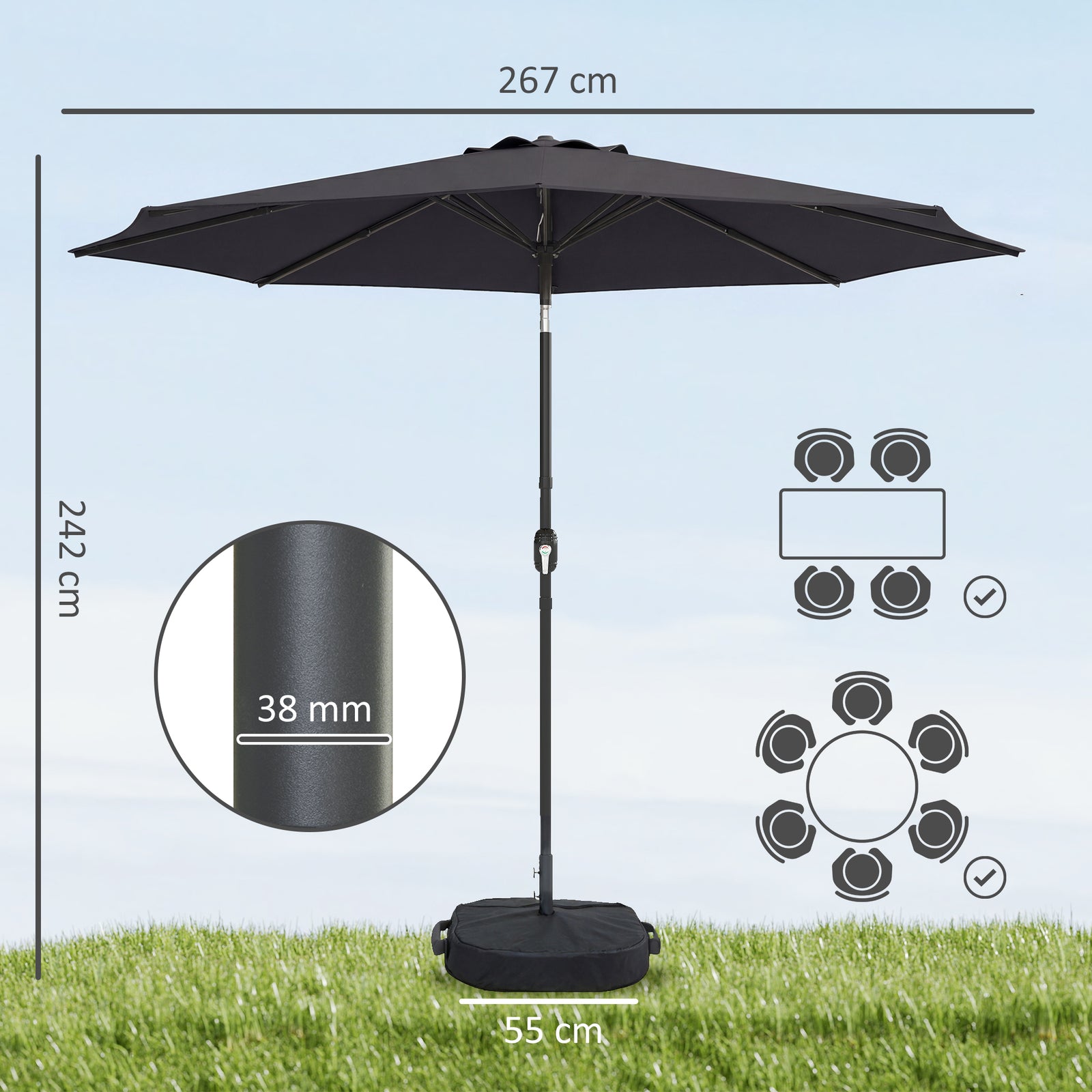 2.7 M Garden Parasol Umbrella With Cross Base, Sandbag | Black