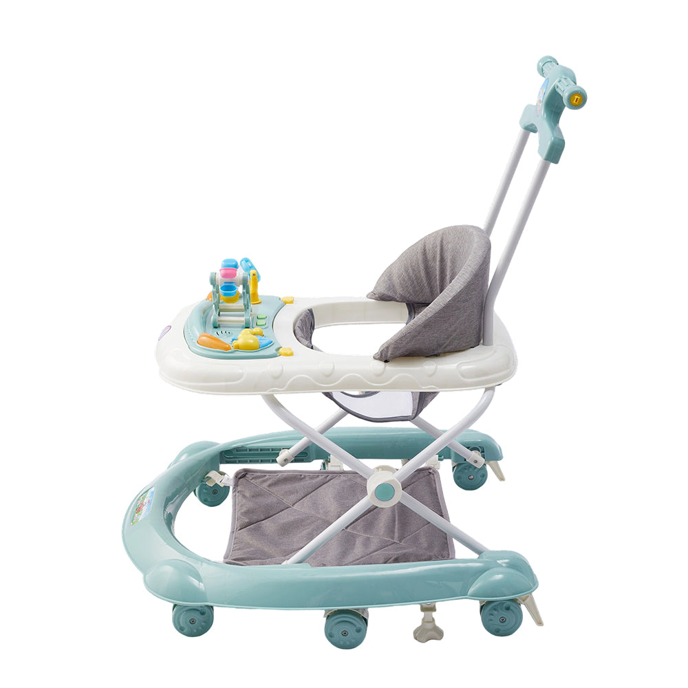 Adjustable Baby Walker, Foldable Walker, Multifunctional Baby Walker, Feeding Tray, Interactive Music, Toys, Wheel Safety Breaks | Cyan