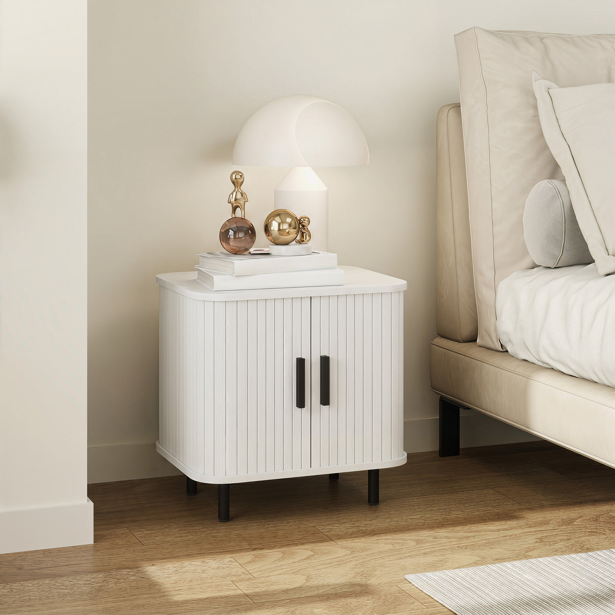 HOMCOM Nightstand With Sliding Doors And Metal Legs White Wood Effect